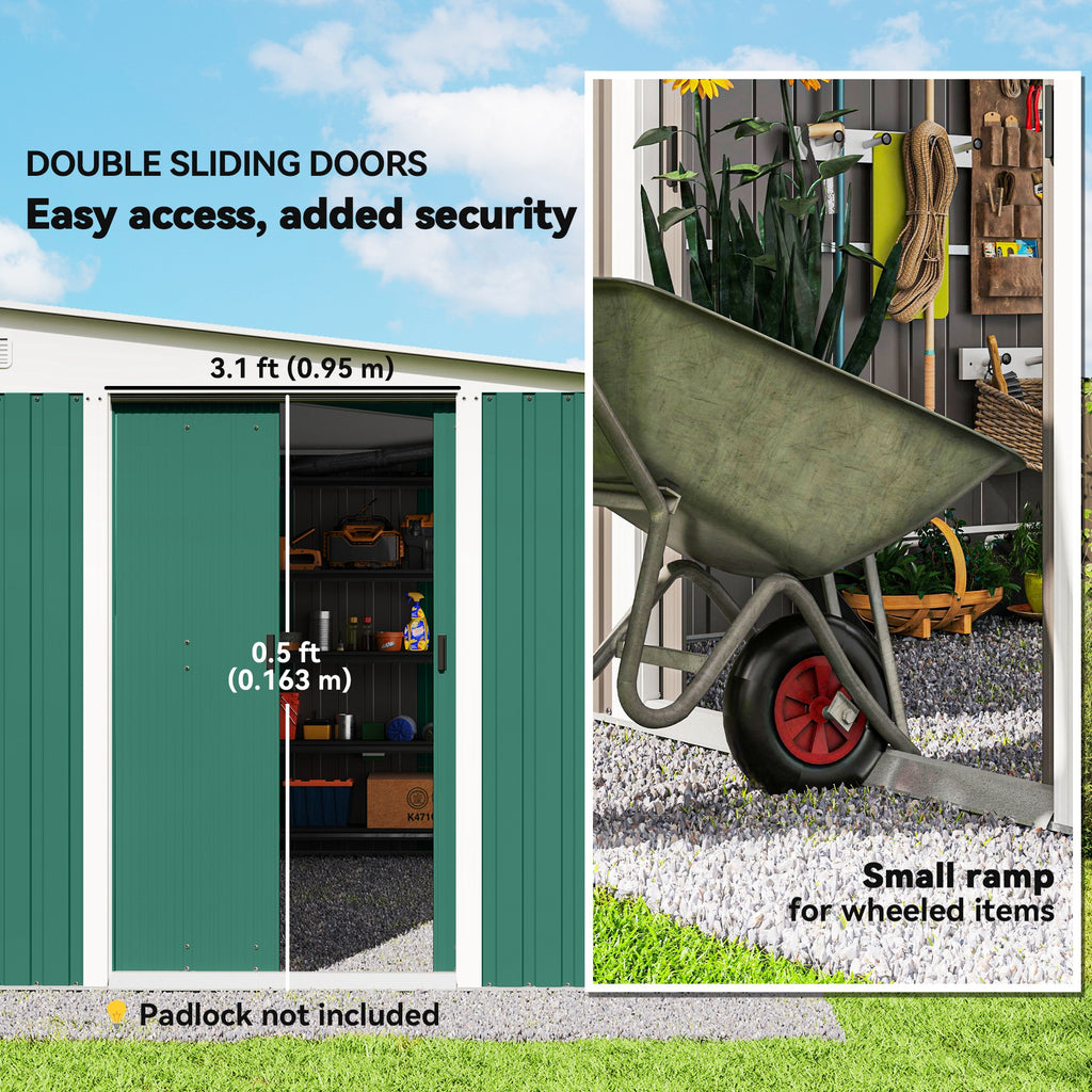 11' x 9' Steel Garden Storage Shed, Outdoor Metal Tool House with Double Sliding Doors & 2 Air Vents, Green
