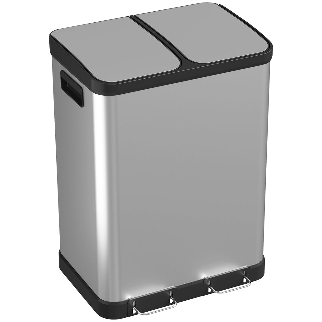 Kitchen Garbage Bin, 2 x 7.9 Gal (2 x 30 L) Trash Can, Soft-Close Garbage Can with Removable Inner Buckets, Silver