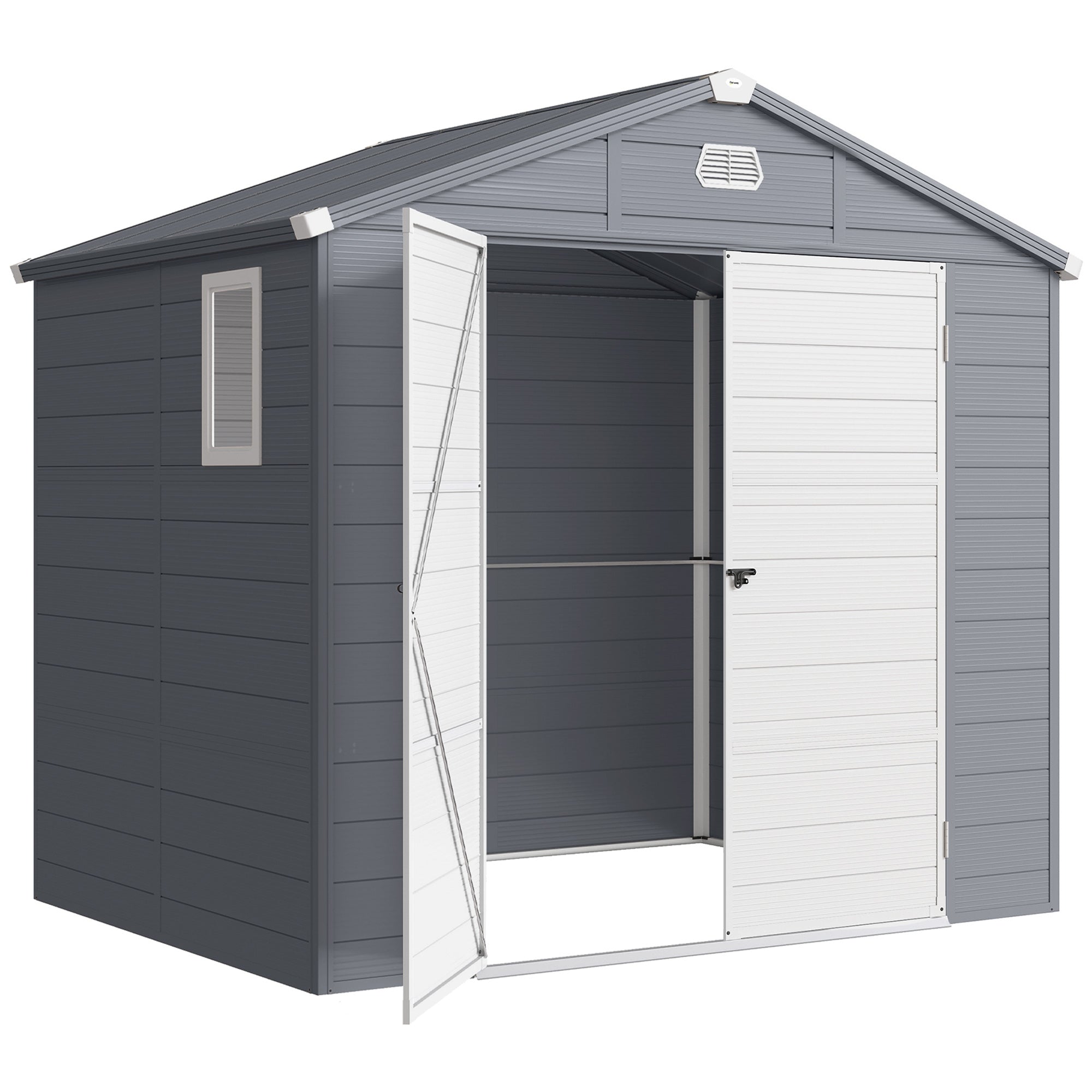 8' x 6' PP Garden Storage Shed with Latch Door, Vents, Window, Sloped Roof, Dark Grey