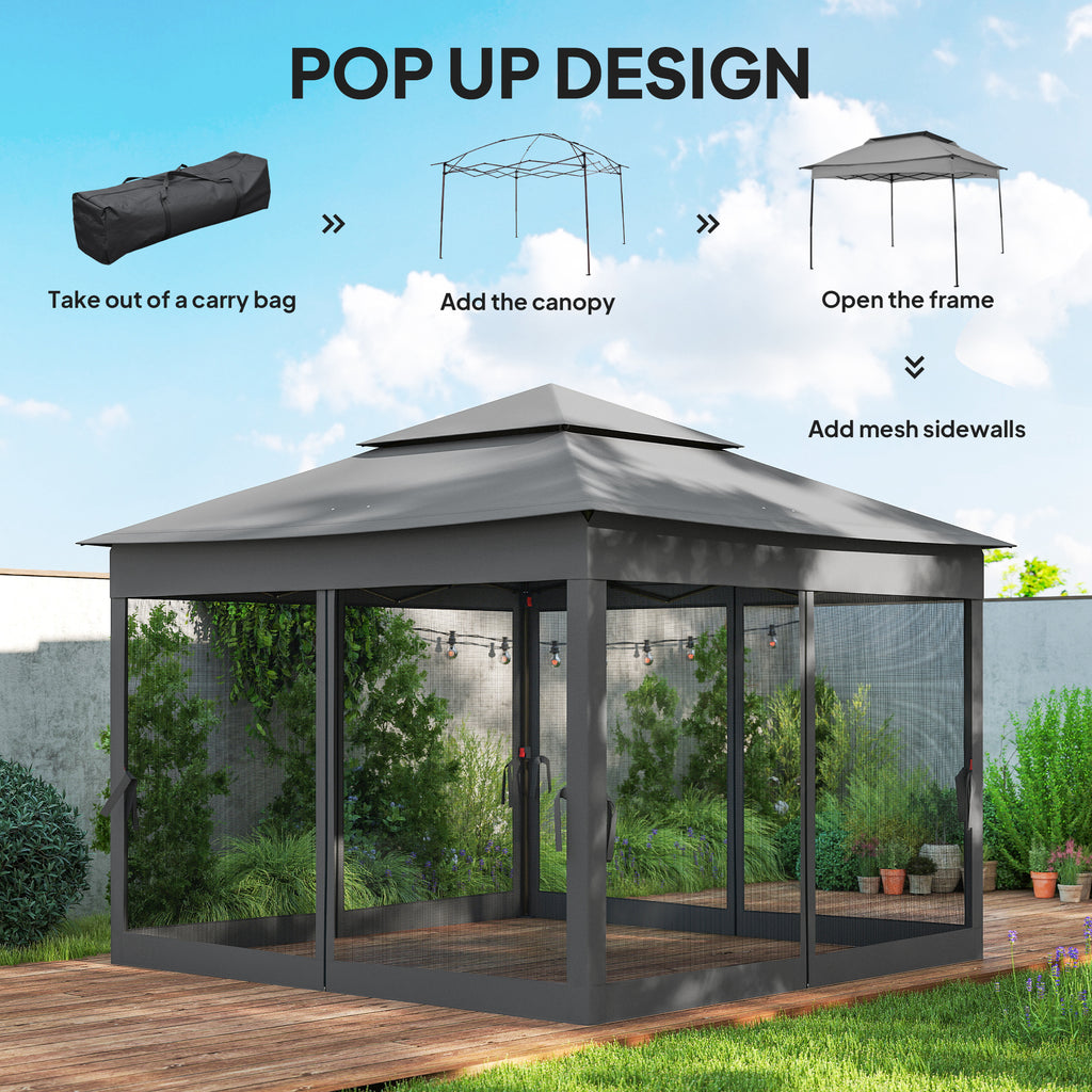 11' x 11' Pop Up Gazebo 2-Tier Soft Top Shelter Event Tent w/ Netting Carry Bag for Patio Backyard Garden, Dark Grey