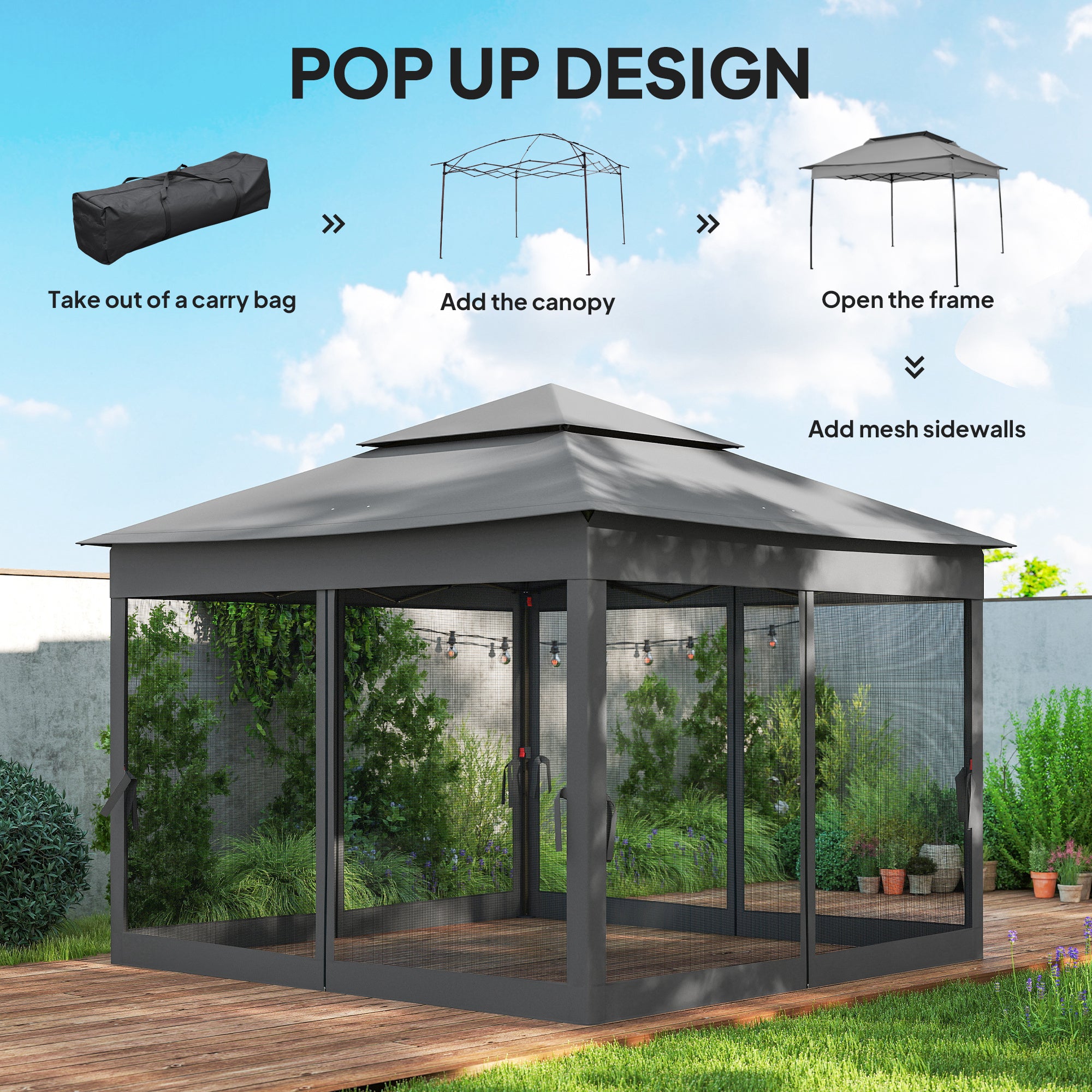 11' x 11' Pop Up Gazebo 2-Tier Soft Top Shelter Event Tent w/ Netting Carry Bag for Patio Backyard Garden, Dark Grey