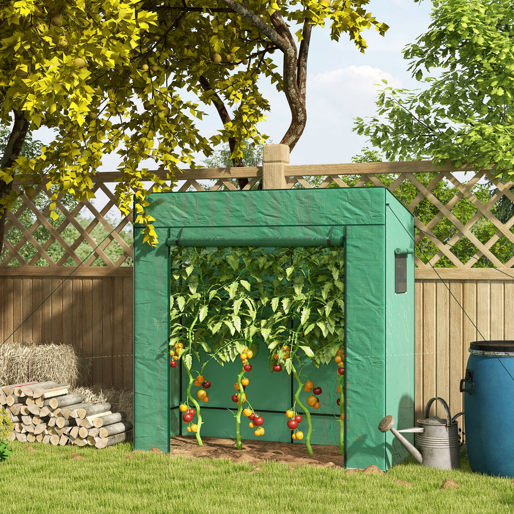 Walk-in Tomato Greenhouse Lean-to Green House with Reinforced PE Cover, Roll-up Door, Mesh Windows, Green