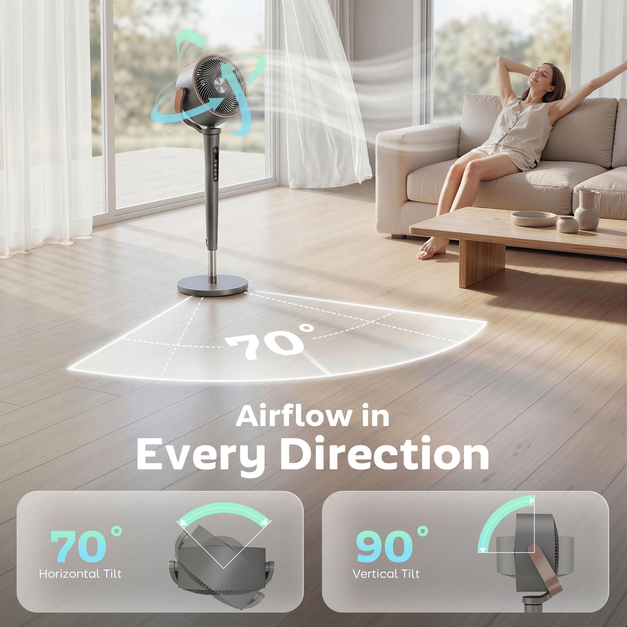 20dB Silent Standing Fan, Oscillating Fan with 12 Speeds, LED Light, WiFi & Remote Control, 12H Timer