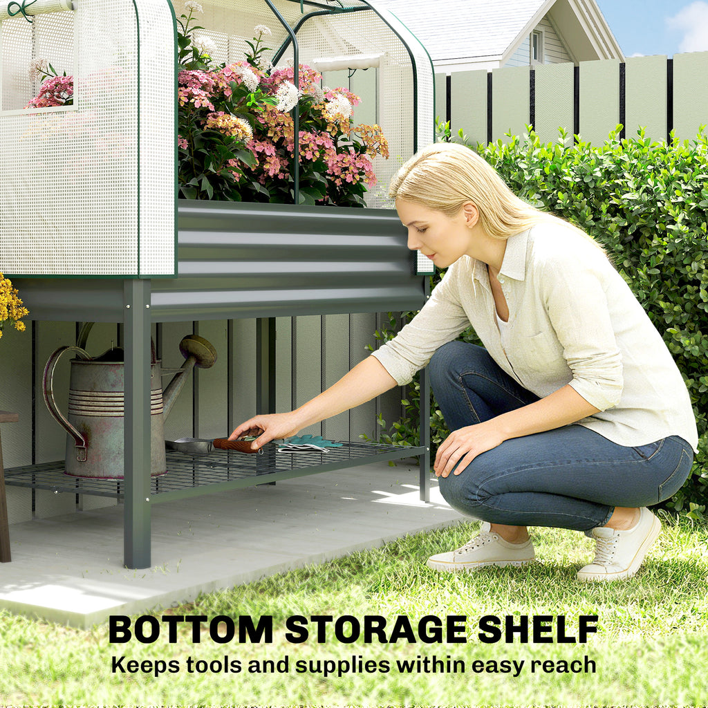 Galvanised Raised Garden Bed with Greenhouse Cover, Metal Elevated Planter Box with Bed Liner, Bottom Shelf, Dark Grey