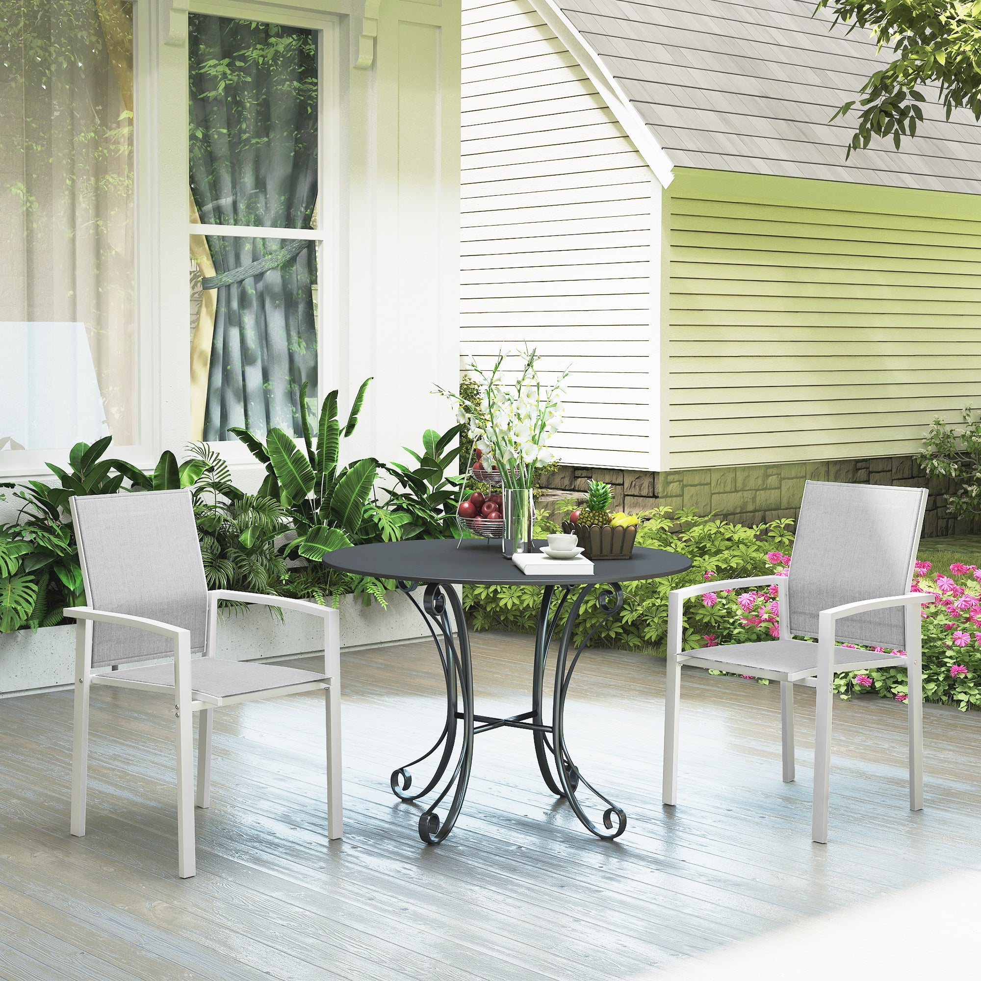Set of 2 Outdoor Garden Chairs, Stackable Patio Dining Chairs with Breathable Fabric, Armrests and Backrest, Light Grey