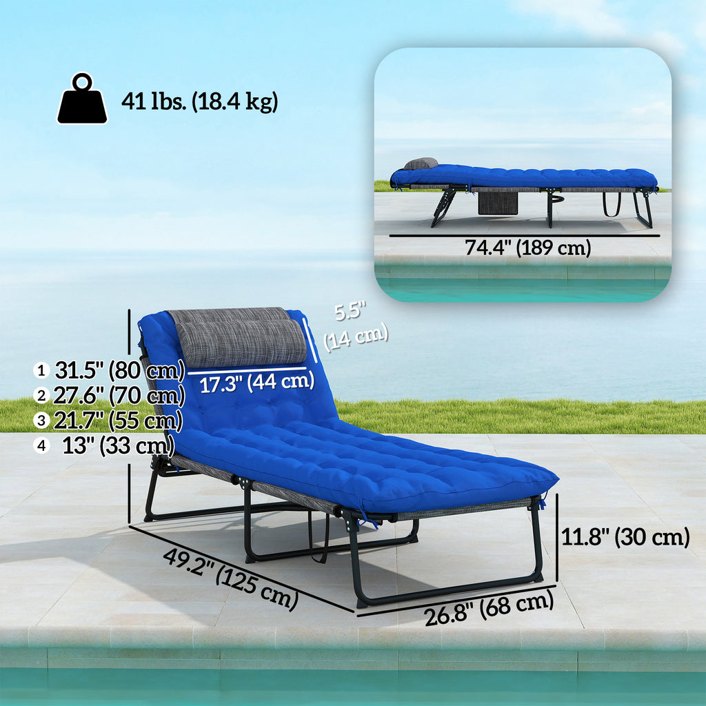 2 Pieces Folding Lounge Chairs with 4-level Reclining Back, Outdoor Tanning Chair with Cushion, Sun Lounger with Breathable Mesh Fabric, Side Pocket, Headrest, Blue