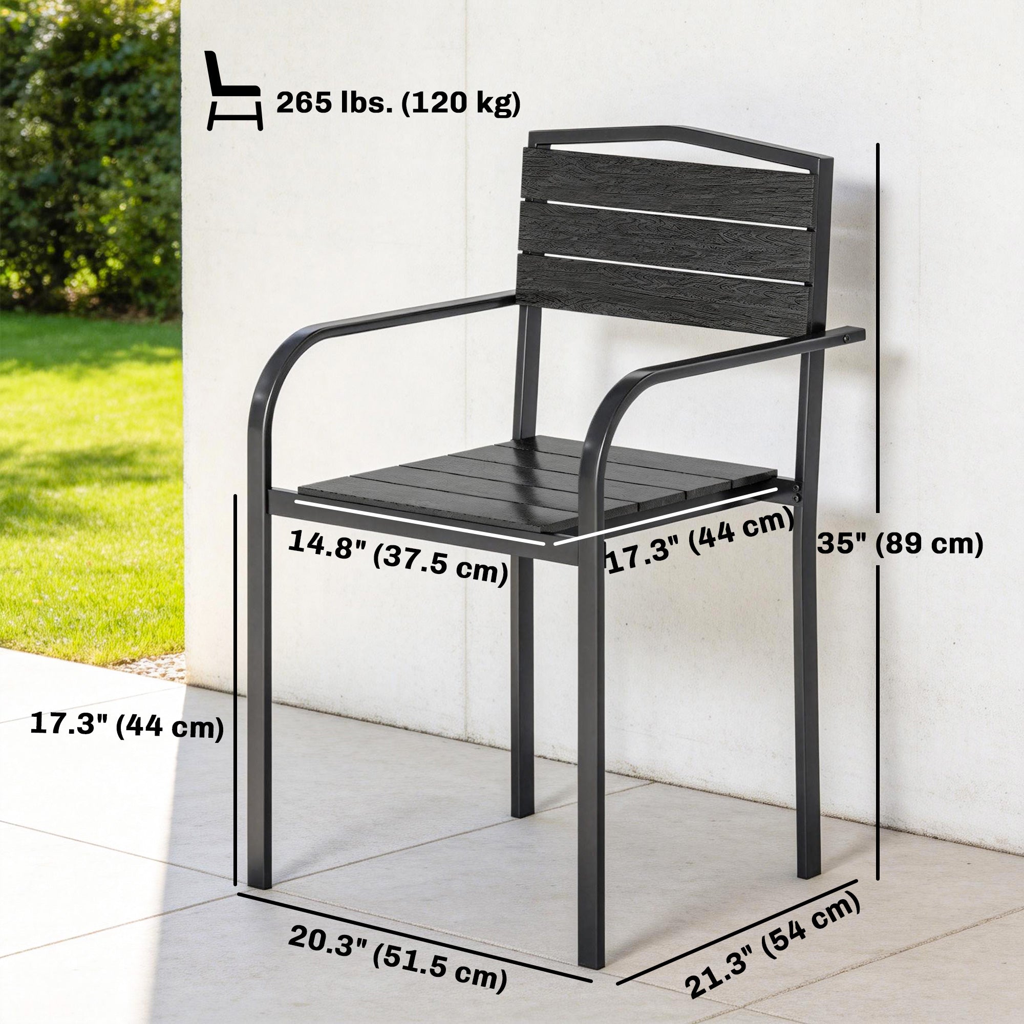 Stackable Patio Chairs Set of 4, Outdoor Dining Chairs with Slatted HDPE Seat, Armrests for Garden, Backyard, Black