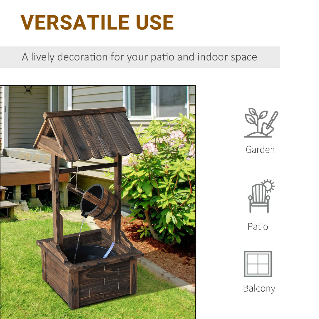 Wooden Well Wishing Fountain Outdoor with Electric Pump Water Bucket for Patio Garden Carbonized