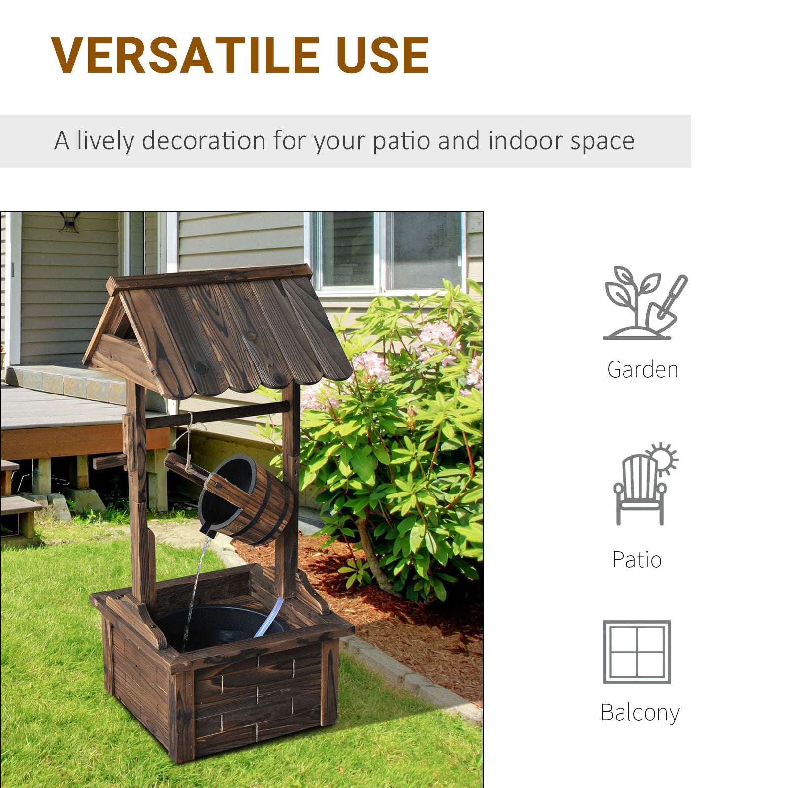 Wooden Well Wishing Fountain Outdoor with Electric Pump Water Bucket for Patio Garden Carbonized