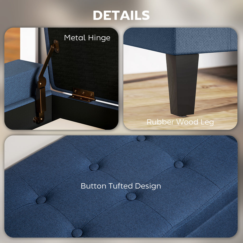 Storage Ottoman Bench, Linen Upholstered Bench with Tufted Design, Dark Blue