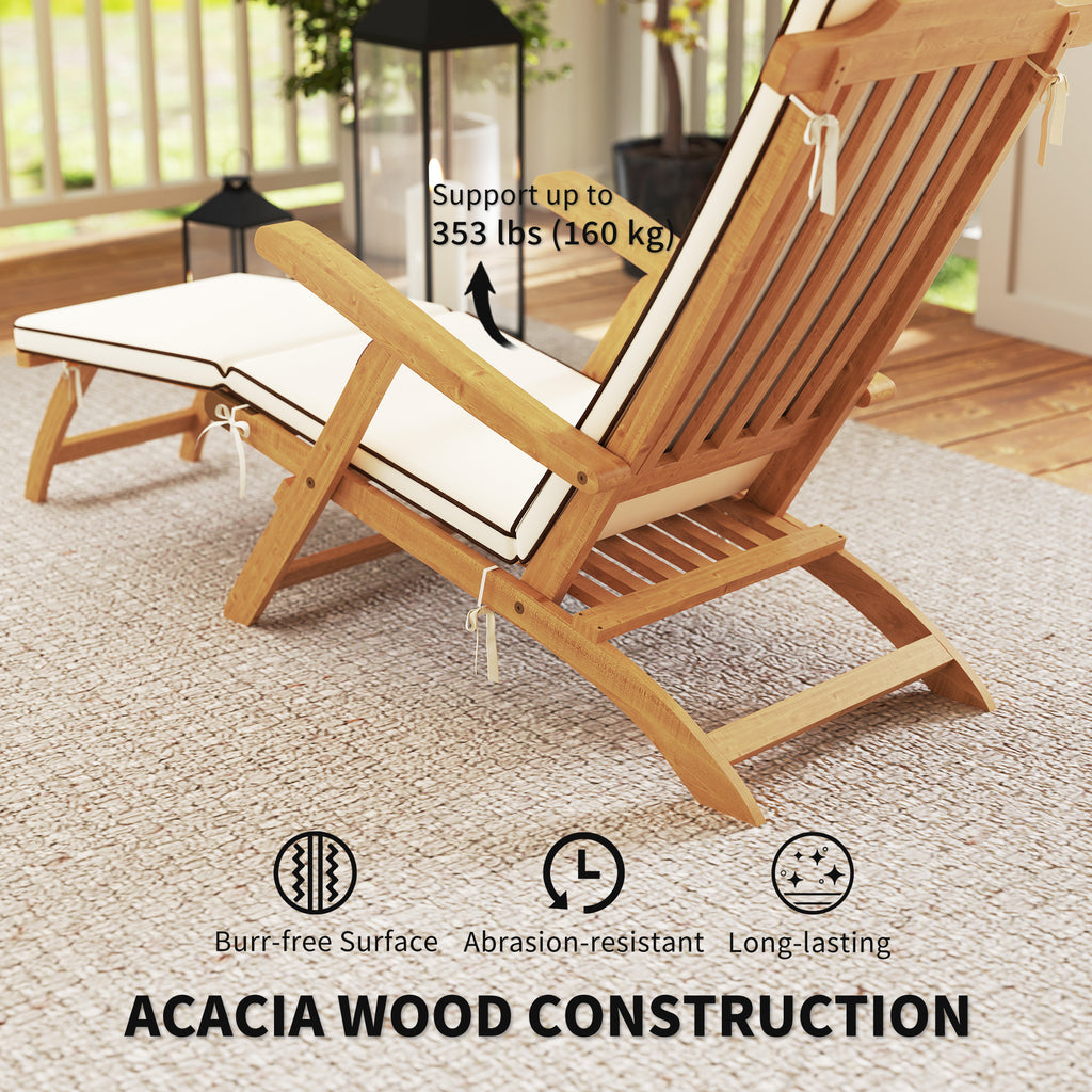 Folding Patio Lounge Chair with Padded Cushion, Acacia Wood Patio Lounger Recliner with Footrest for Garden, White