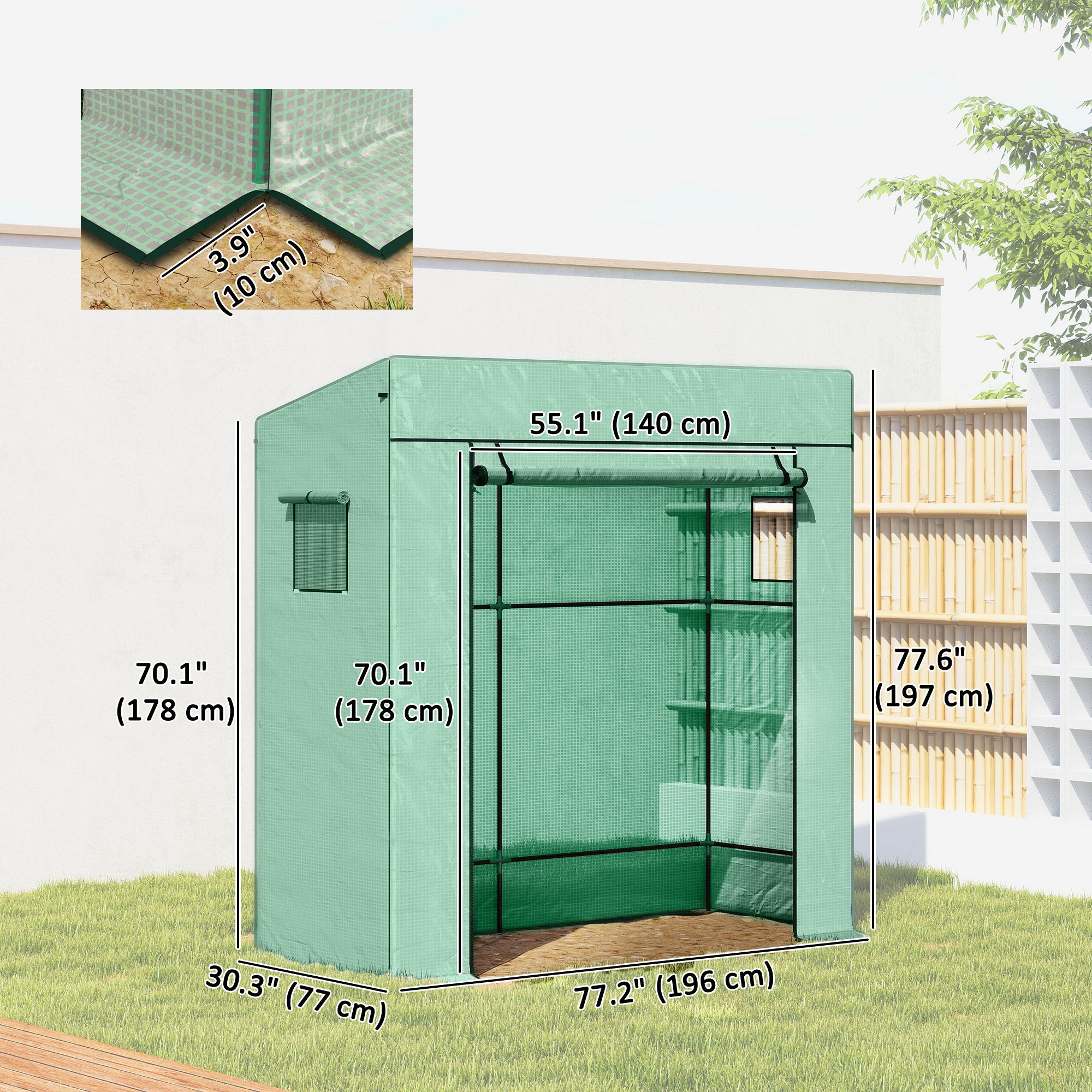 Walk-in Tomato Greenhouse Lean-to Green House with Reinforced PE Cover, Roll-up Door, Mesh Windows, Green