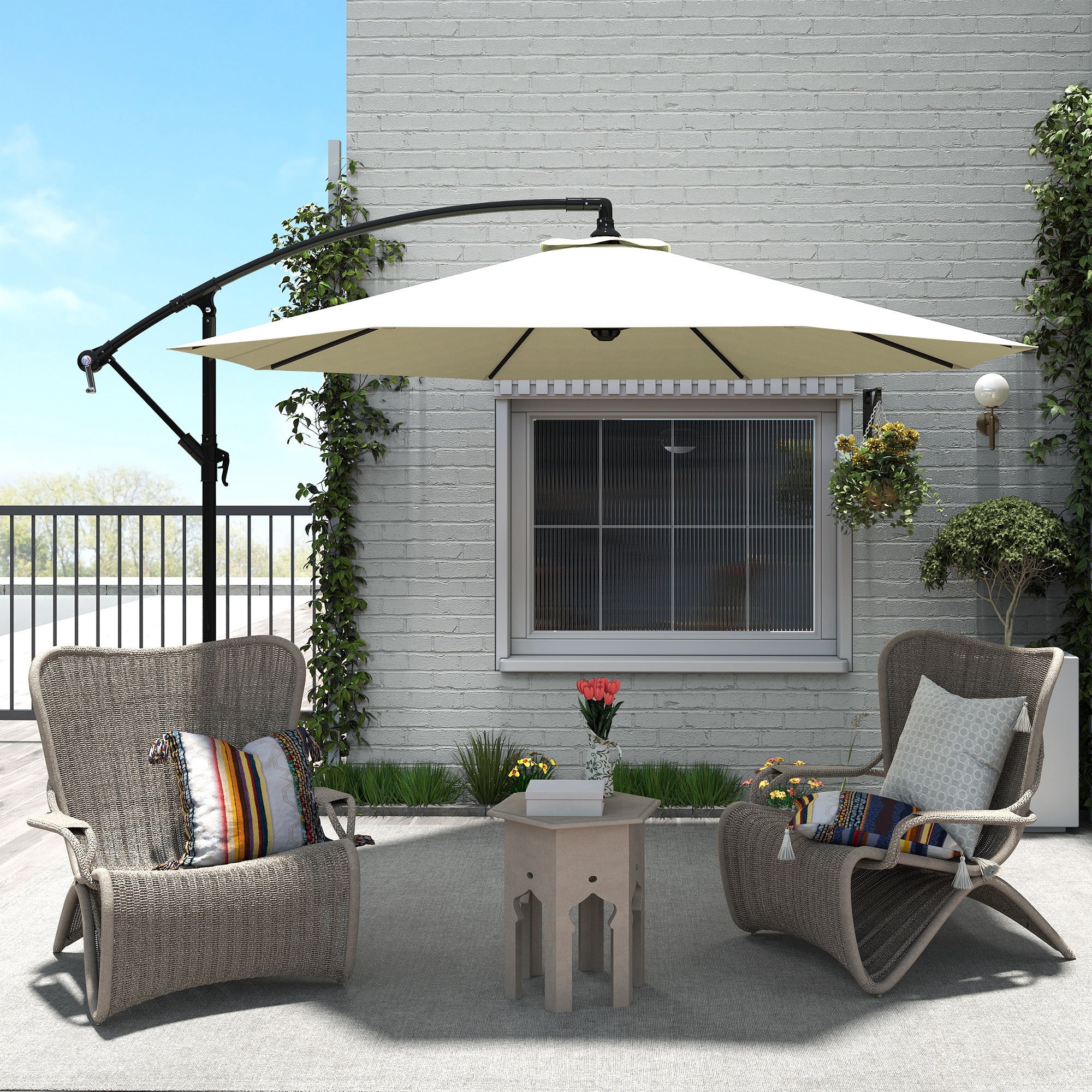 Î¦10' Deluxe Cantilever Umbrella Outdoor Market Parasol Banana Hanging Offset Sunshade Crank Cross Base Beige