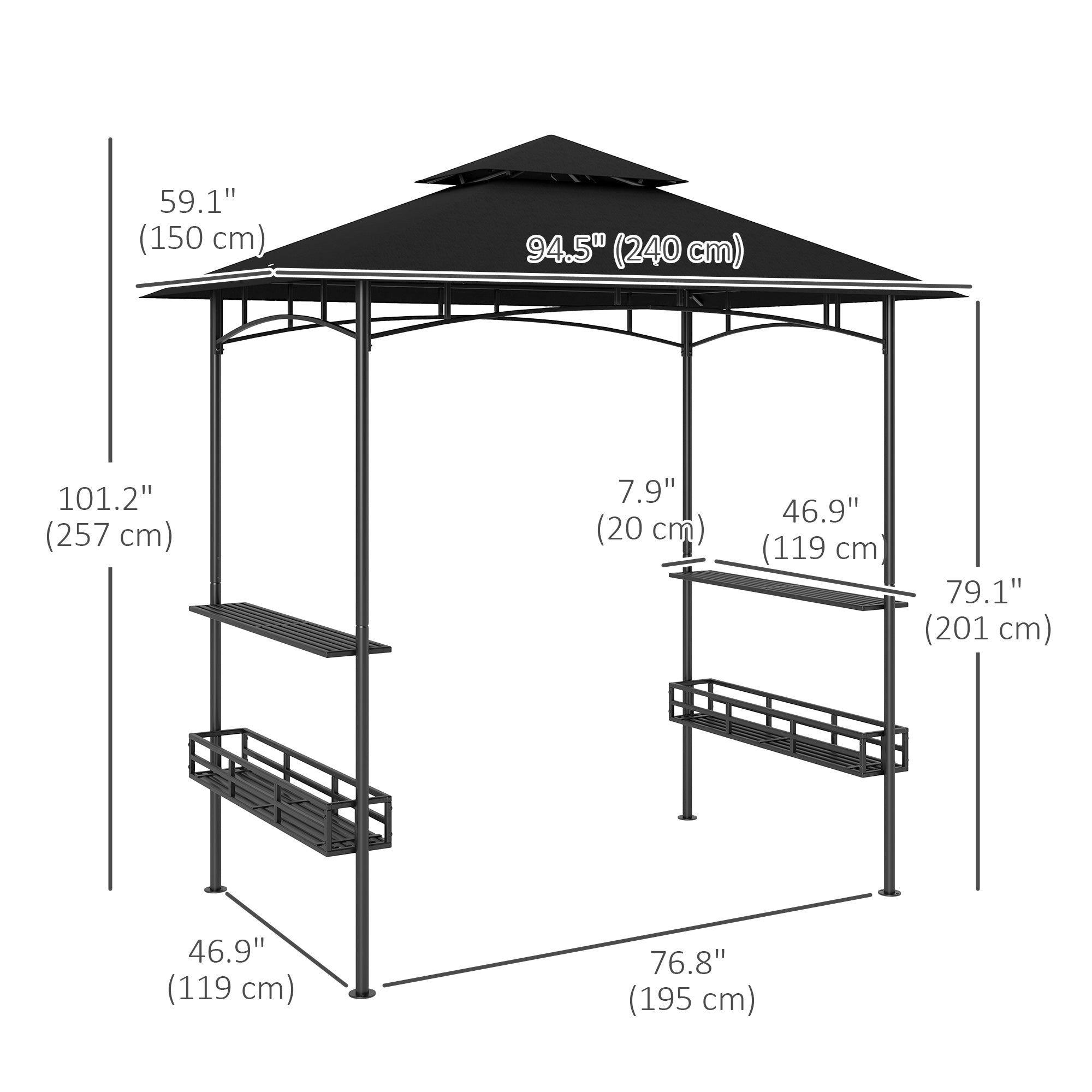 8' x 5' Barbecue Gazebo, 2-Tier BBQ Gazebo with 2 Side Shelves, Storage Basket, Hanging Hooks, Dark Grey