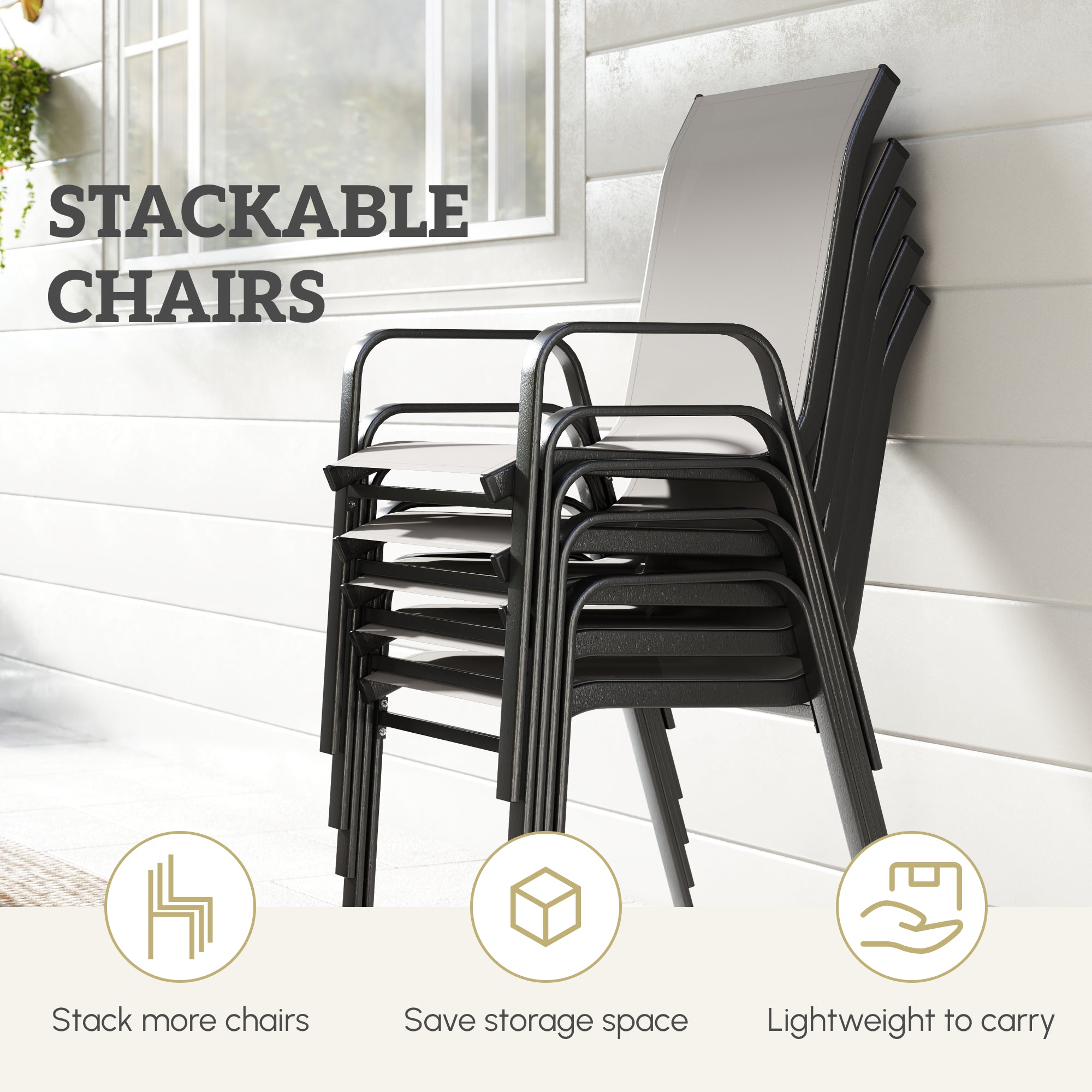 Outdoor Dining Sets for 8 with Stackable Chairs, Patio Dining Set with Glass Top Table for Garden, Patio, Backyard, Dark Grey