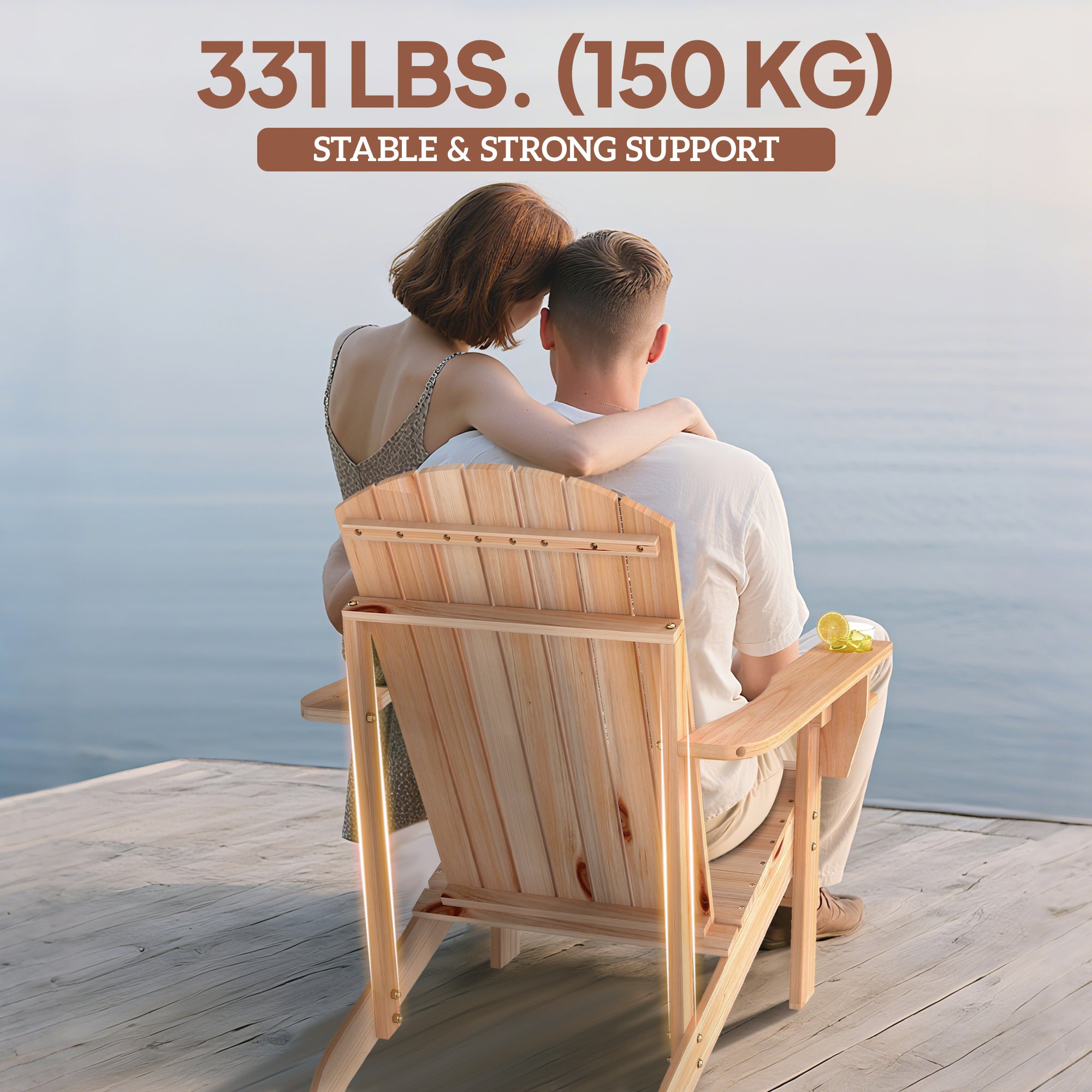 Classic Adirondack Chair Muskoka Chair, Garden Deck Chair with Cup Holder for Patio, Indoor, Backyard, Natural