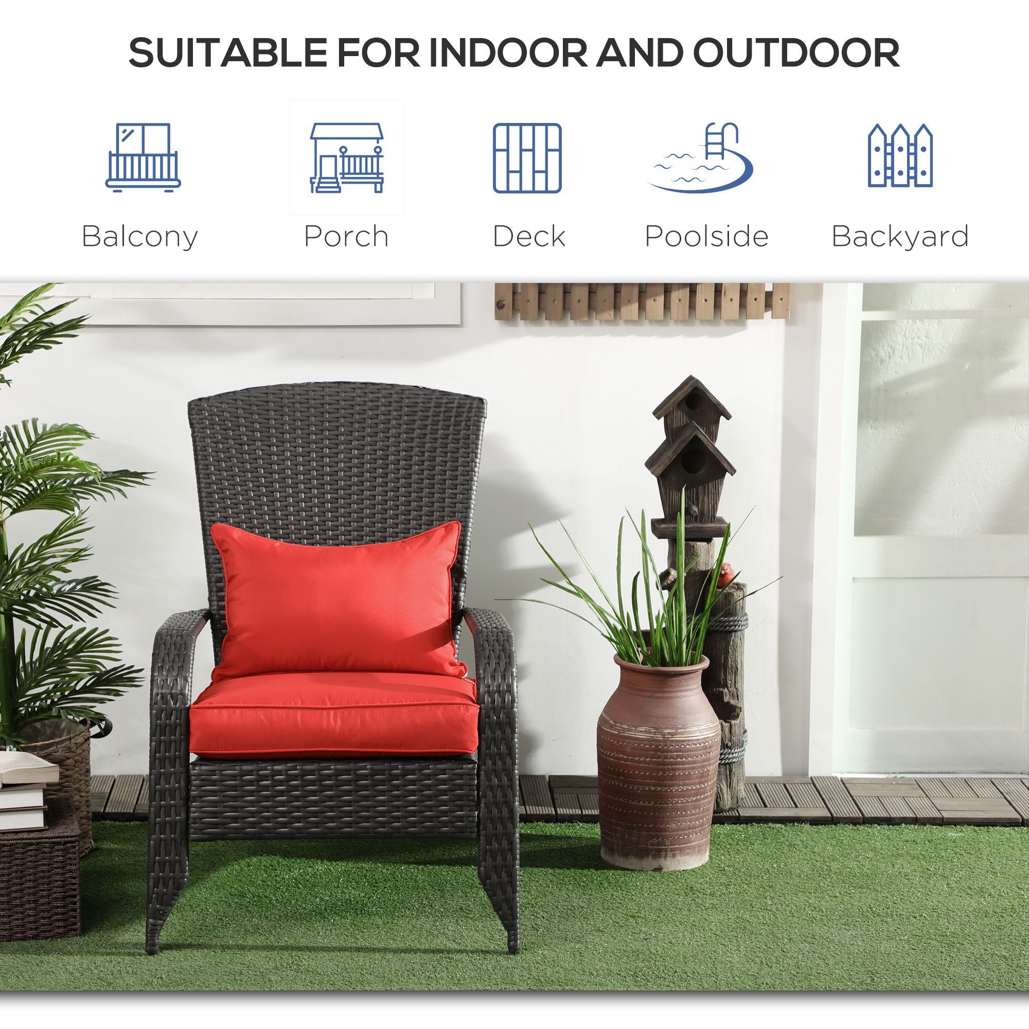 Patio Wicker Adirondack Chair, Outdoor Rattan Muskoka Chair with Cushions for Patio, Garden, Backyard, Red