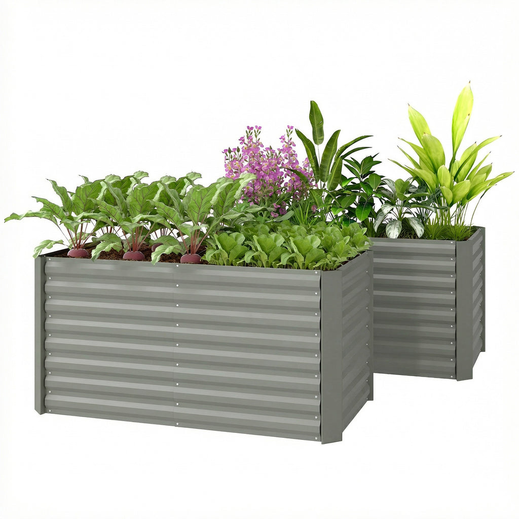 Set of 2 Galvanized Metal Planters for Outdoor Plants, 4' x 2' x 2' Raised Garden Bed, Light Grey