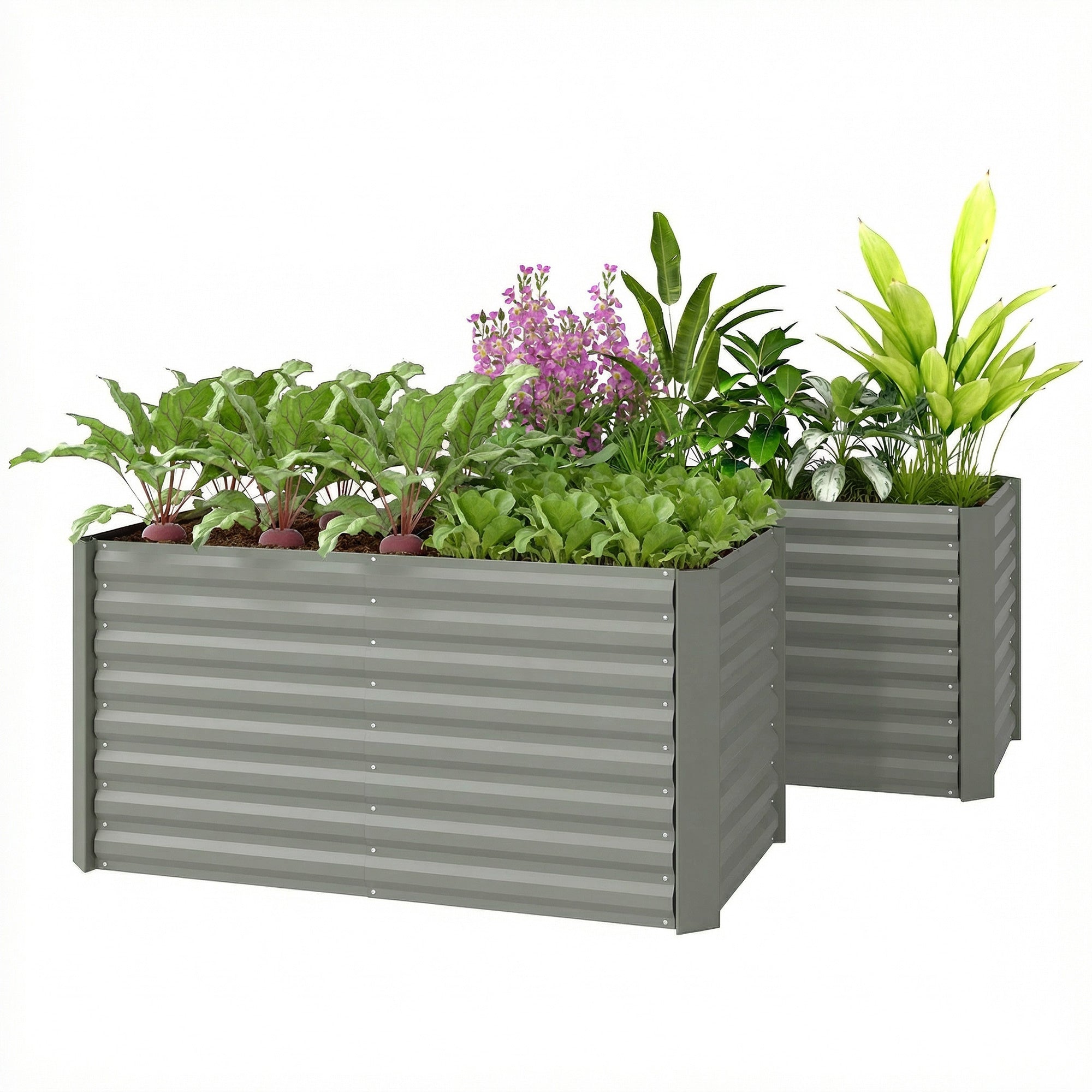 Set of 2 Galvanized Metal Planters for Outdoor Plants, 4' x 2' x 2' Raised Garden Bed, Light Grey