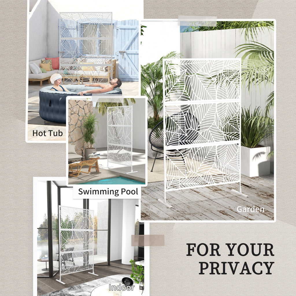 6.5FT Decorative Outdoor Divider, Metal Privacy Screen with Stand, Large Leaf Style, White