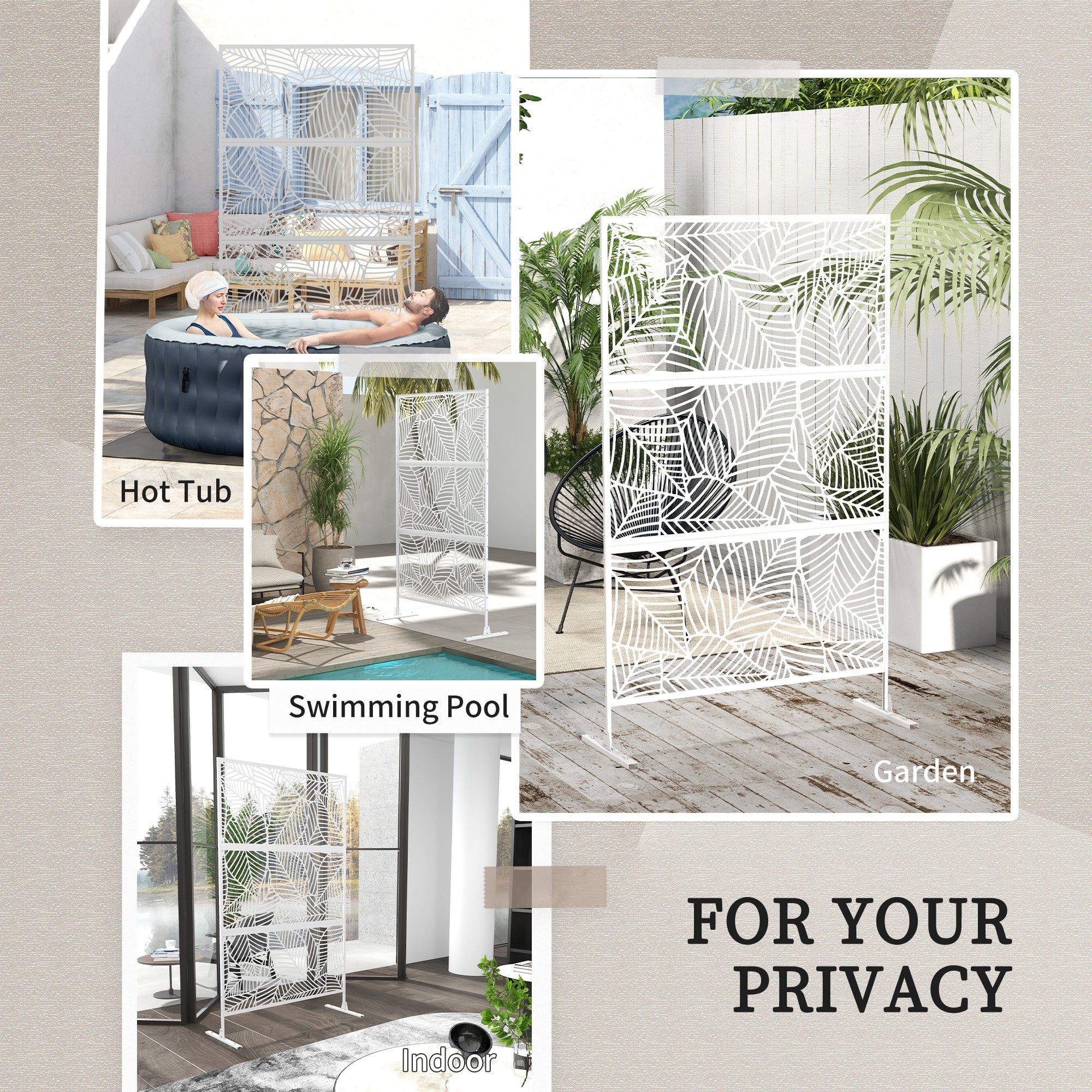 6.5FT Decorative Outdoor Divider, Metal Privacy Screen with Stand, Large Leaf Style, White