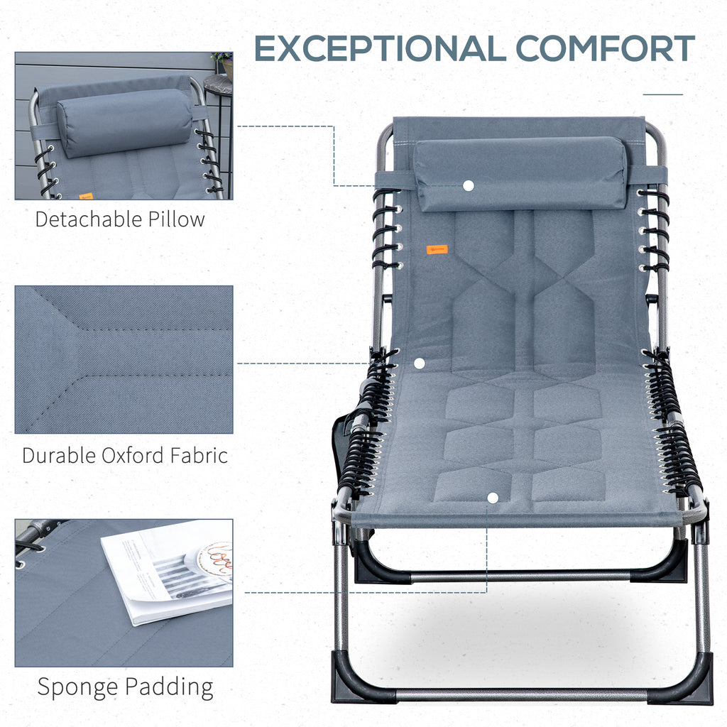 Outdoor Lounge Chair, Folding Chaise Lounge, Patio Padded Tanning Chair with 5-position Adjustable Backrest, Pillow and Pocket for Deck, Beach, Lawn and Sunbathing, Grey
