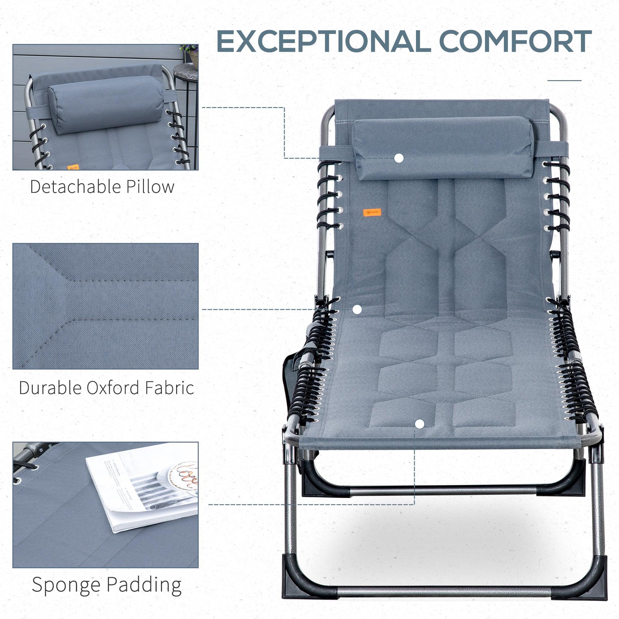Outdoor Lounge Chair, Folding Chaise Lounge, Patio Padded Tanning Chair with 5-position Adjustable Backrest, Pillow and Pocket for Deck, Beach, Lawn and Sunbathing, Grey