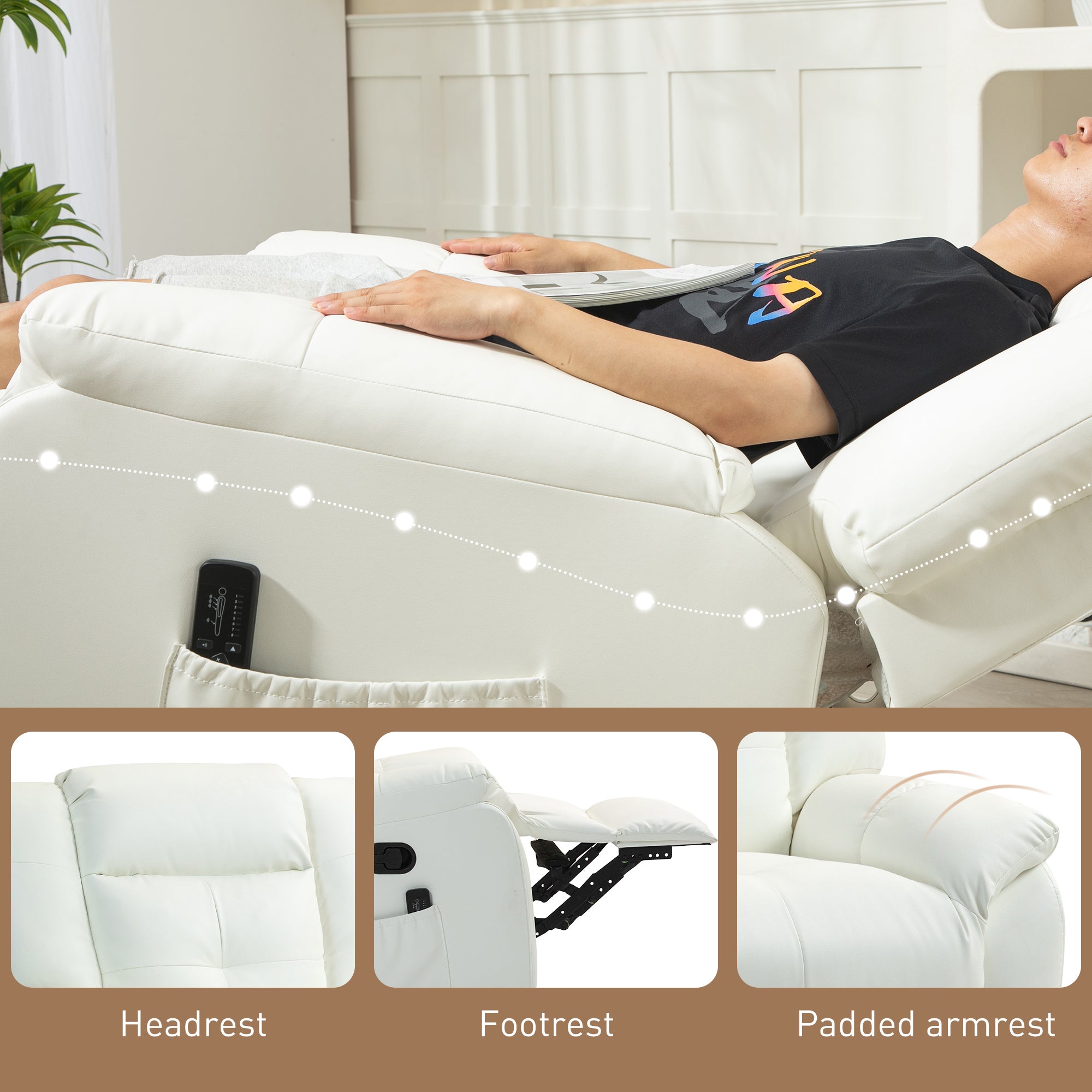 8-Point Vibration Massage Recliner Chair, PU Leather Manual Reclining Sofa, Swivel Nursery Rocking Chair with Remote Control, Side Pockets, for Living Room, Cream White