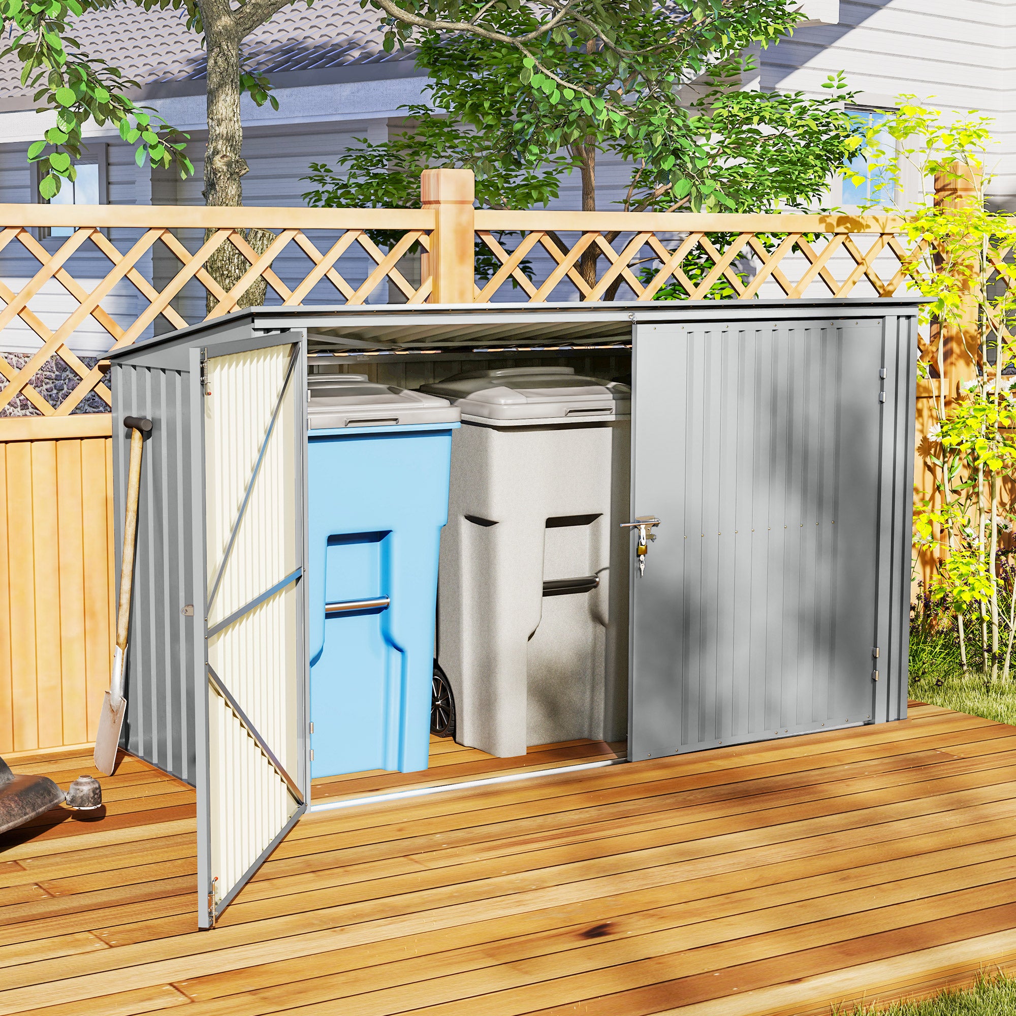 7.6 x 3.4ft Outdoor Storage Shed, 3 Garbage Bin Shed Organizer with Lockable Double Doors, Openable Lid, Silver Grey