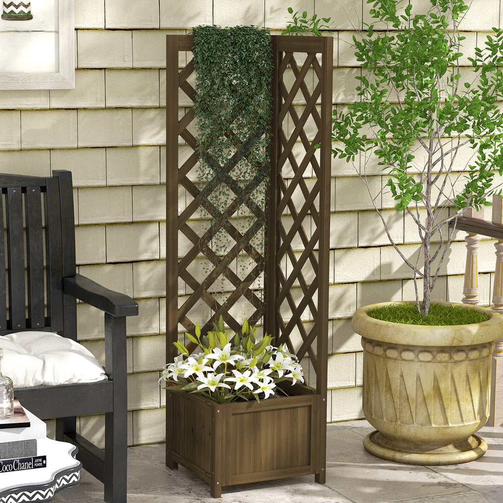Raised Garden Bed Wood Planter with Trellis for Vine Climbing, 16" x 16" x 57", Carbonized