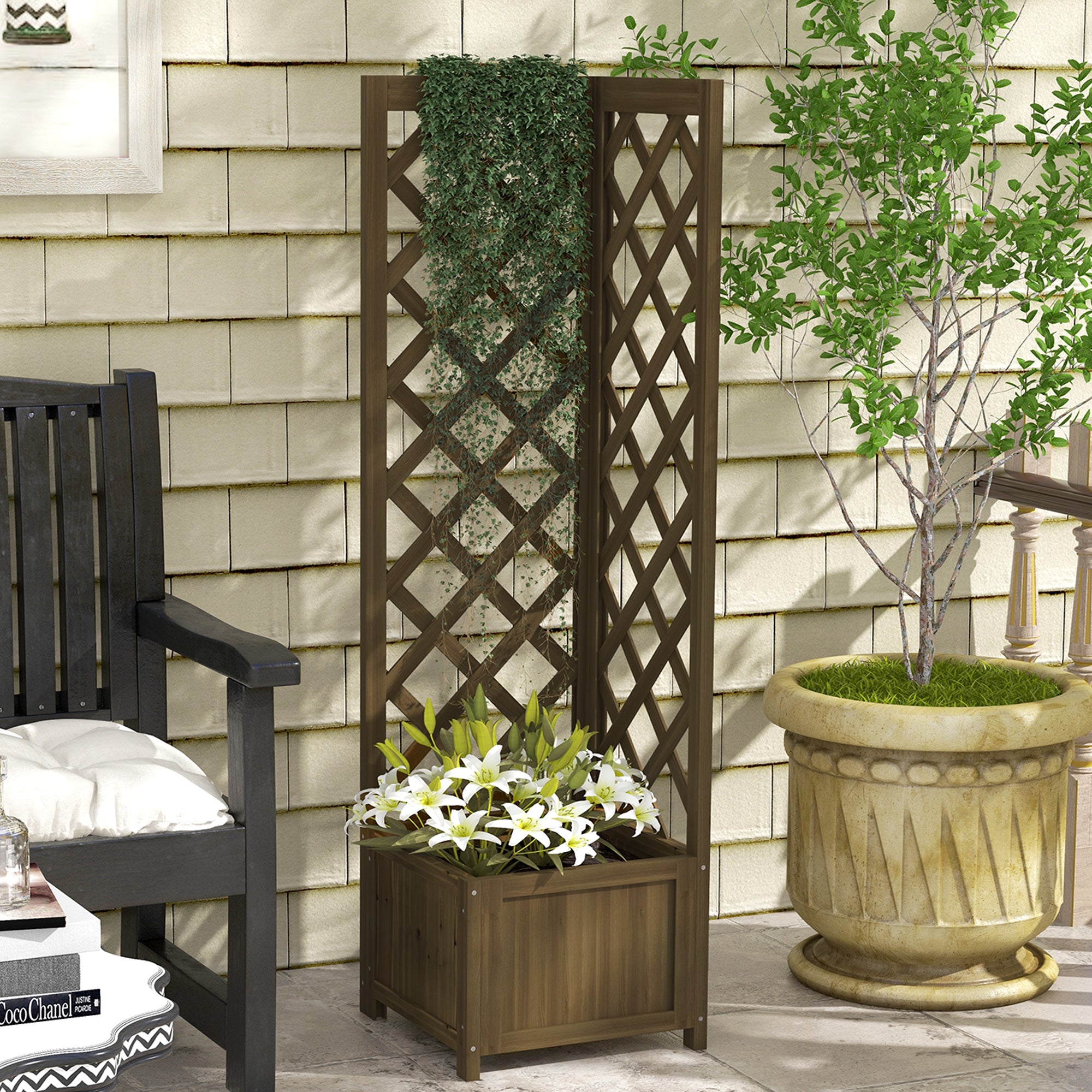 Raised Garden Bed Wood Planter with Trellis for Vine Climbing, 16" x 16" x 57", Carbonized