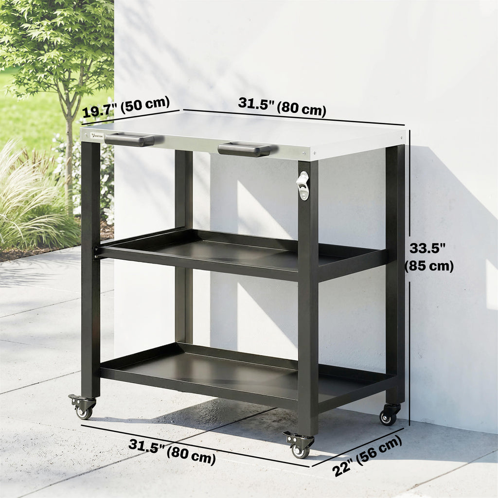 Outdoor Grill Cart with Stainless Steel Tabletop, 2 Shelves, Rolling Prep Dining Cart with Lockable Wheels