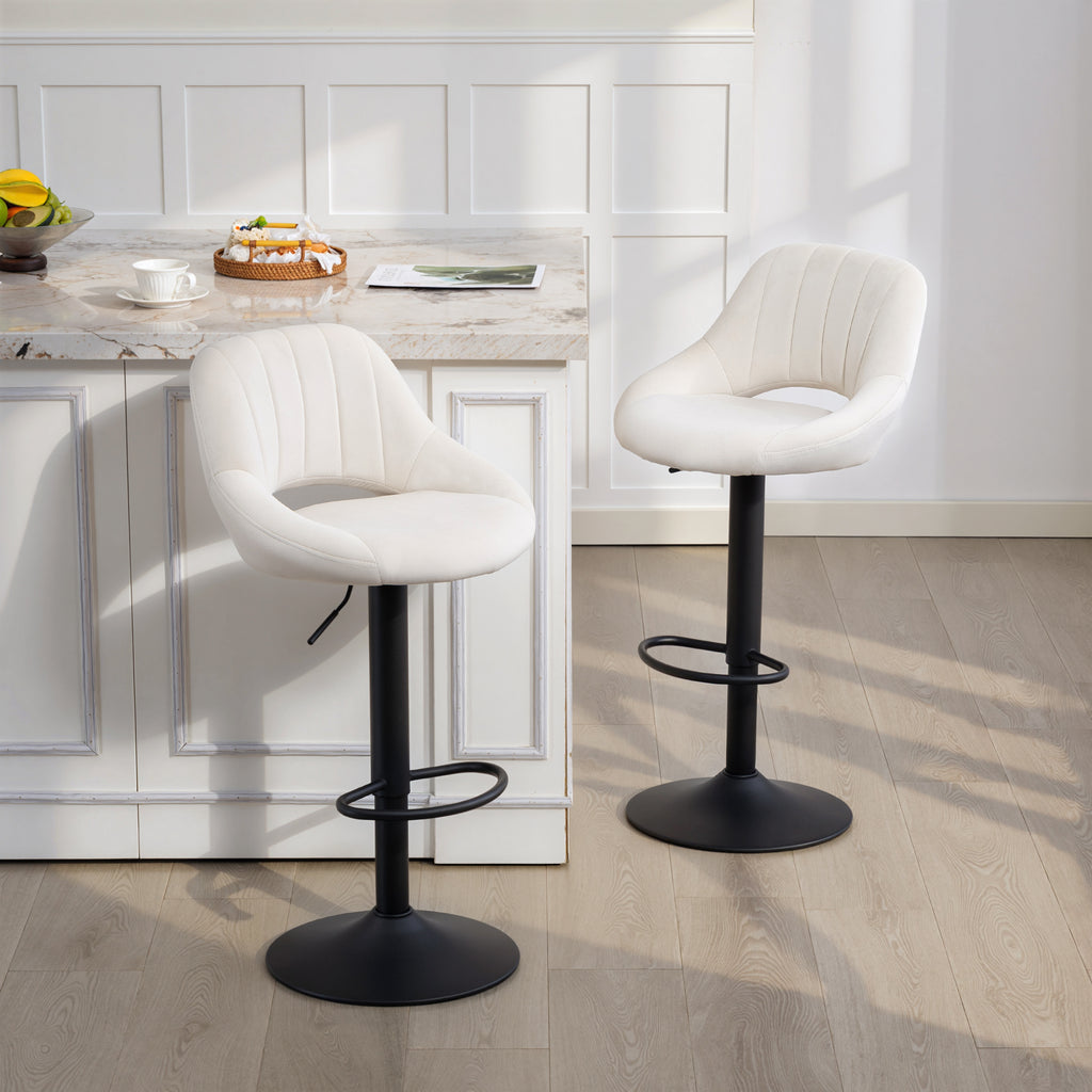Bar Stools Set of 2, Swivel Counter Height Barstools with Adjustable Height and Cutout Back, Velvet Upholstered Bar Chairs with Round Metal Base and Footrest, Cream