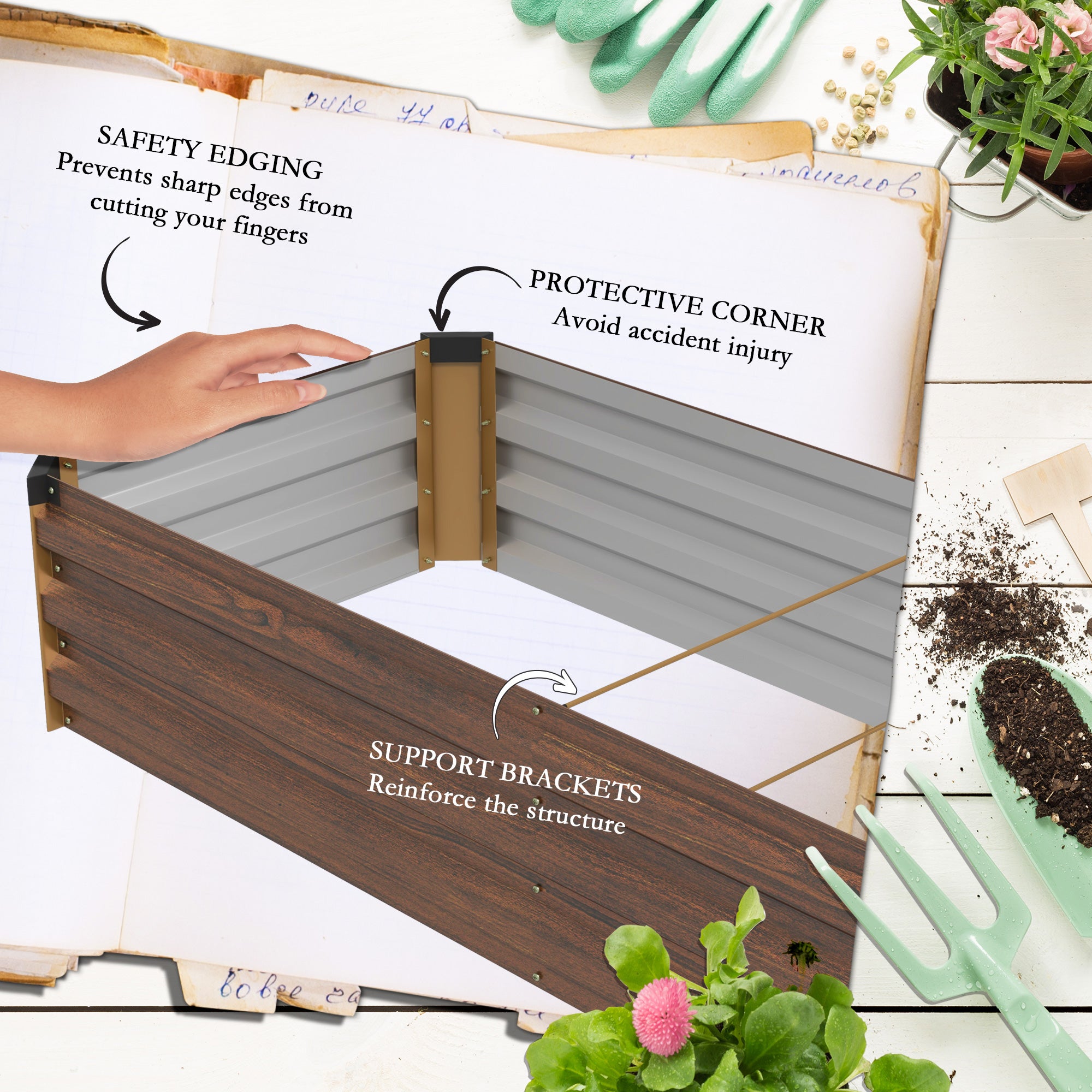 8'x2'x1' Galvanized Raised Bed, Large Elevated Planter Box for Growing Flowers, Herbs and Vegetables, Dark Brown