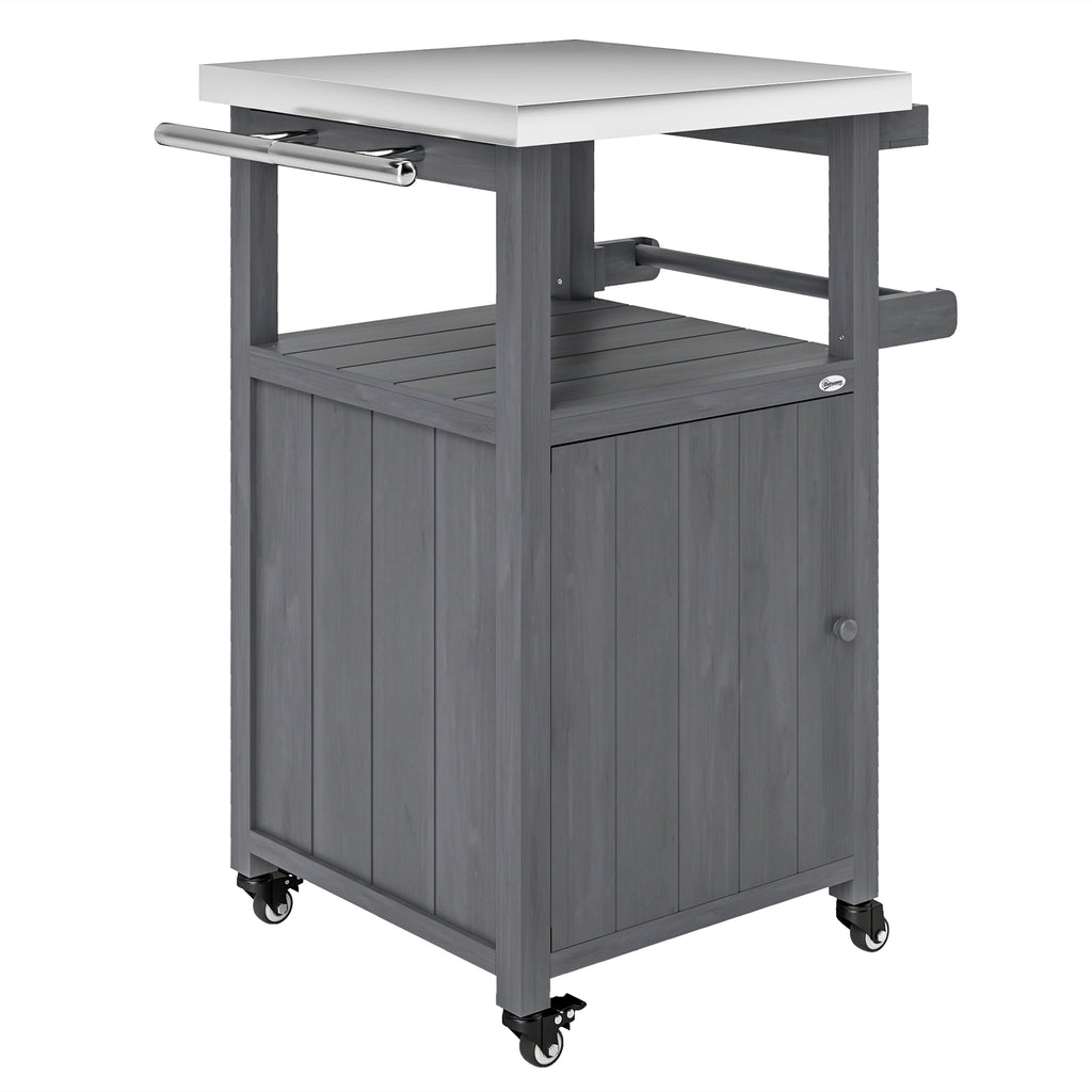 Grill Table with Stainless Steel Top, Pizza Oven Table with Storage Cabinet, Spice Rack, Wheels, Handle, Dark Grey
