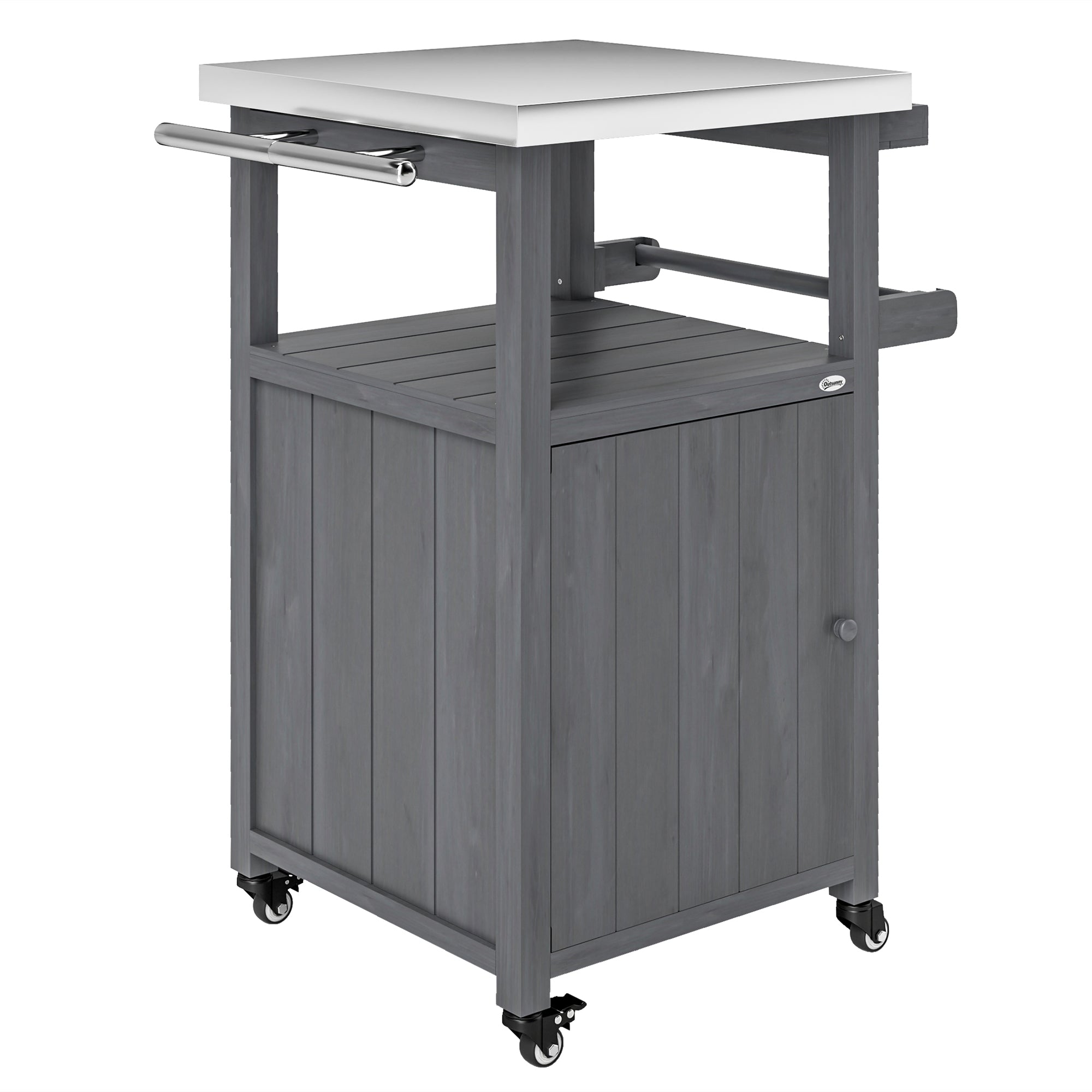 Grill Table with Stainless Steel Top, Pizza Oven Table with Storage Cabinet, Spice Rack, Wheels, Handle, Dark Grey