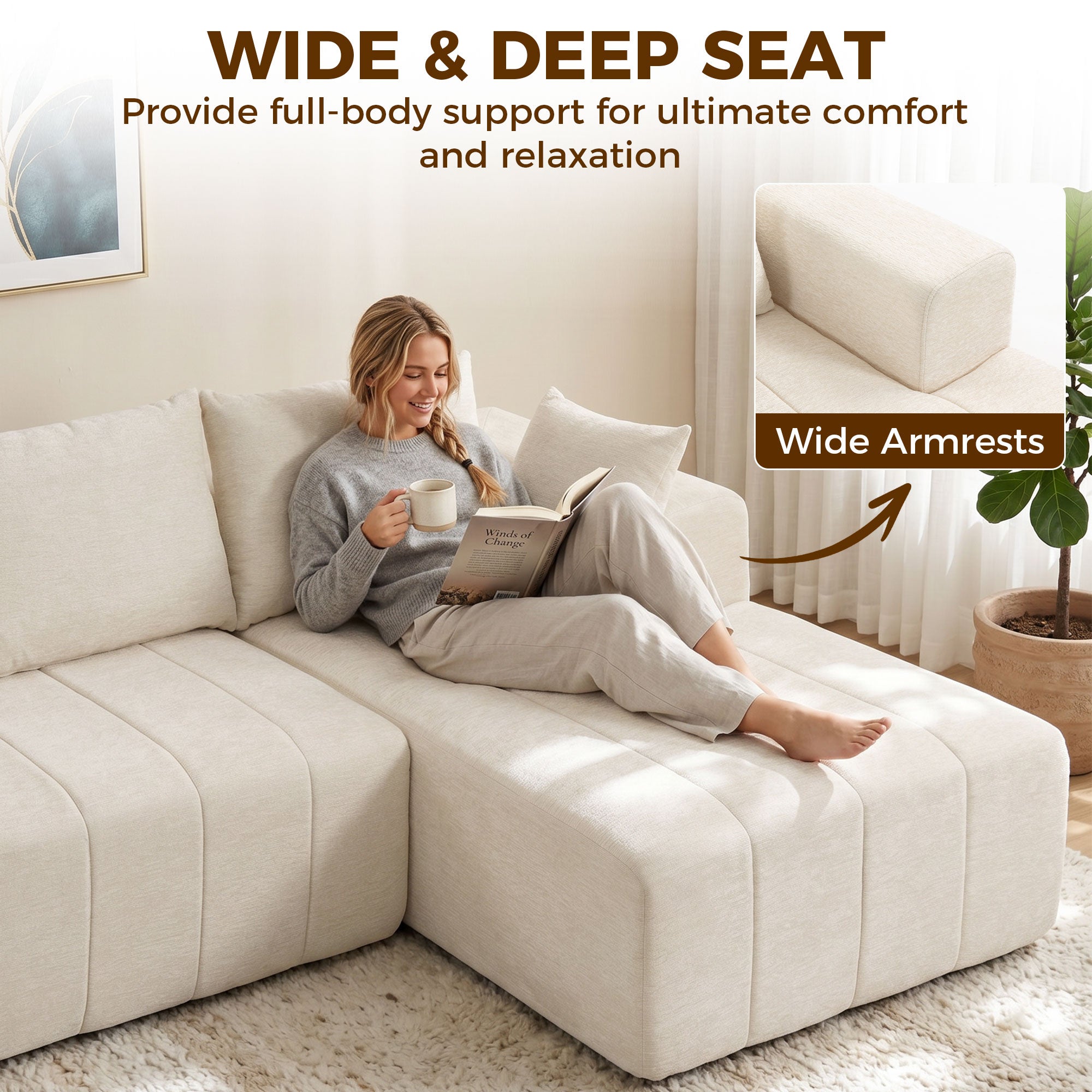 101" Modular Sectional Sofa with Chaise, Chenille Boneless Cloud Sofa Bed, 3 Seater L-Shaped Couch, No Assembly, Beige