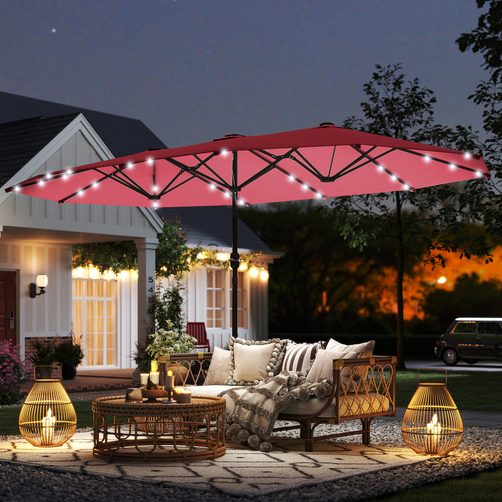 173.2" Double-Sided Sun Umbrella Garden Parasol Patio Sun Shade Outdoor with LED Solar Light, No Base Included, Wine Red