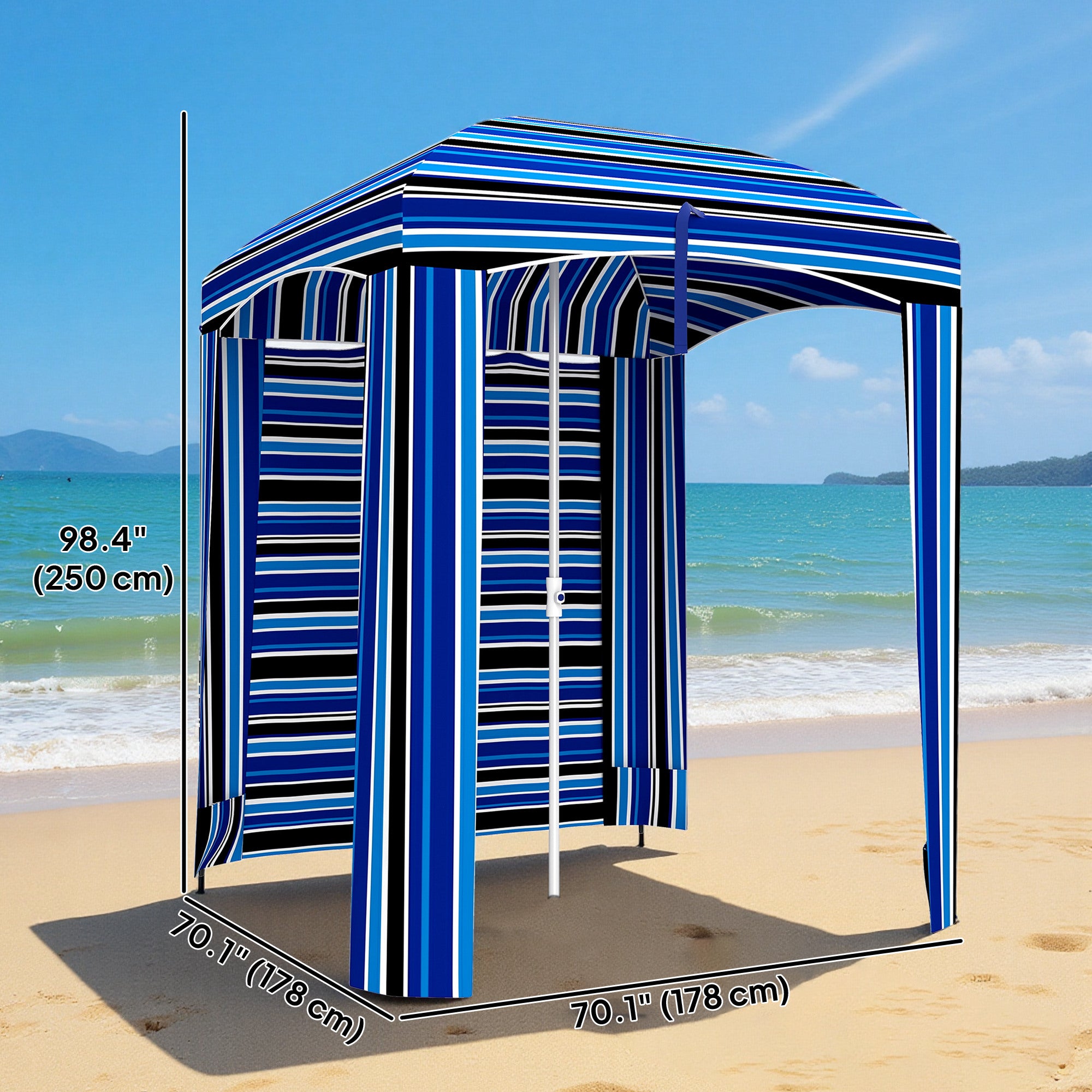 70.1" L x 70.1" W Cabana Umbrella with Walls, Vents, Ruffles, Carry Bag, Beach Umbrella, Blue Stripe