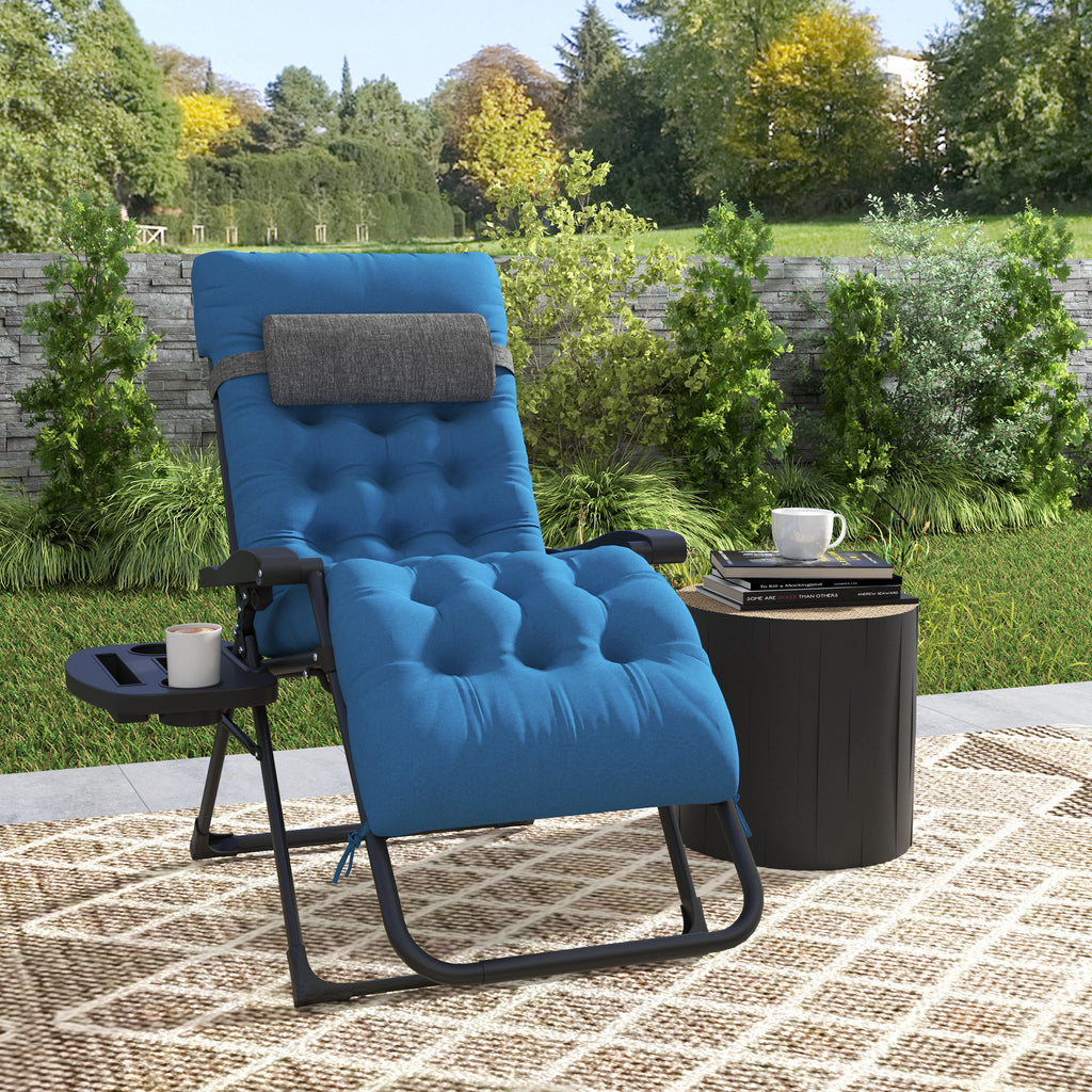 Padded Folding Recliner Chair, Patio Lounger with Cupholder, Adjustable Backrest, Removable Cushion, Navy Blue