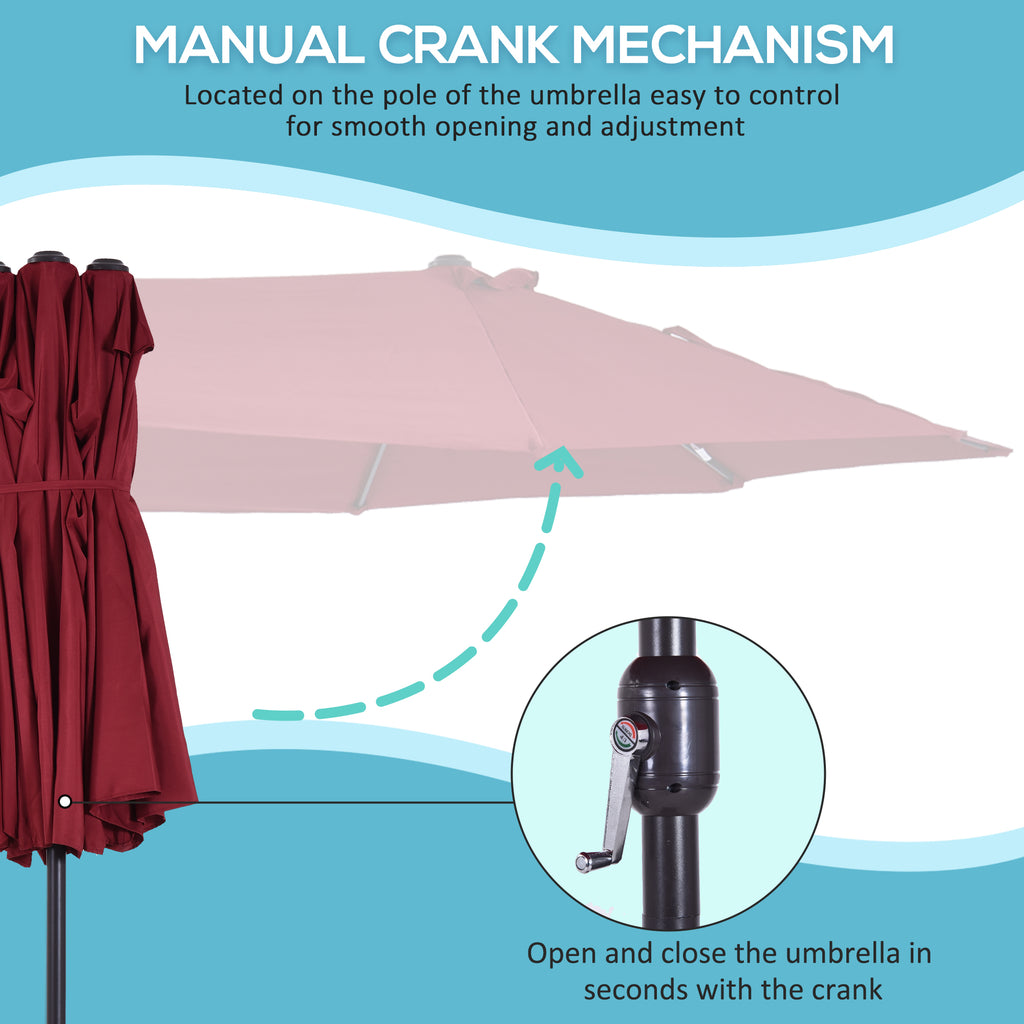 15ft Double-sided Patio Umbrella with Twin Canopy, Extra Large Outdoor Parasol with Crank for Pool, Deck, Market, Wine Red