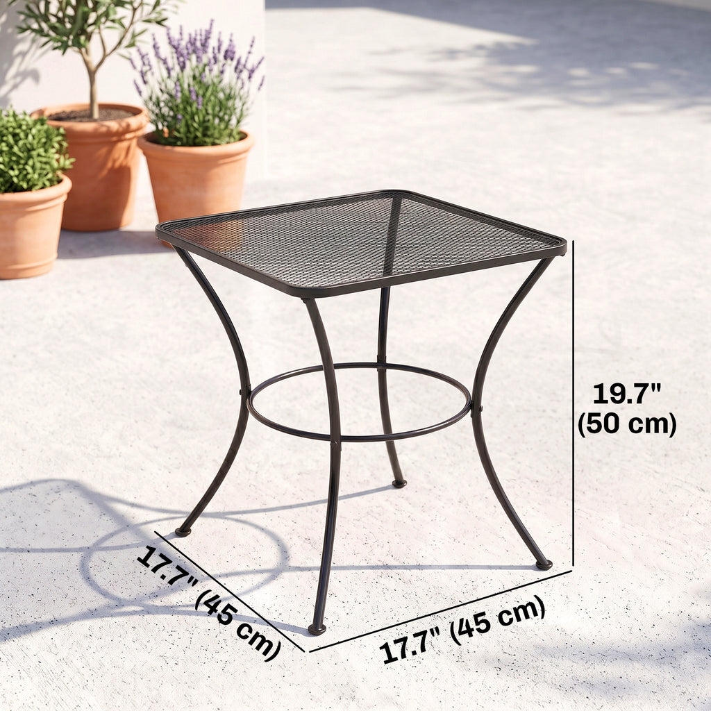 Square Outdoor Side Table, Metal Outdoor Patio Table, Garden Coffee Side Bistro Tables with Mesh Grid Top for Balcony, Porch, Backyard, 17.7" x 17.7" x 19.7", Black