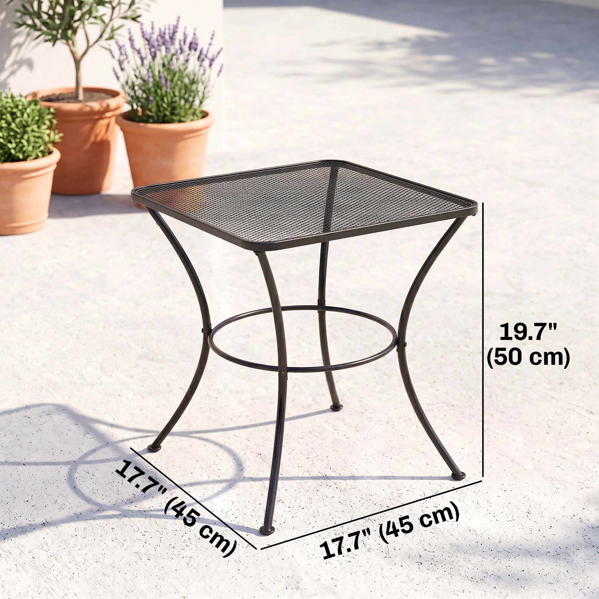 Square Outdoor Side Table, Metal Outdoor Patio Table, Garden Coffee Side Bistro Tables with Mesh Grid Top for Balcony, Porch, Backyard, 17.7" x 17.7" x 19.7", Black