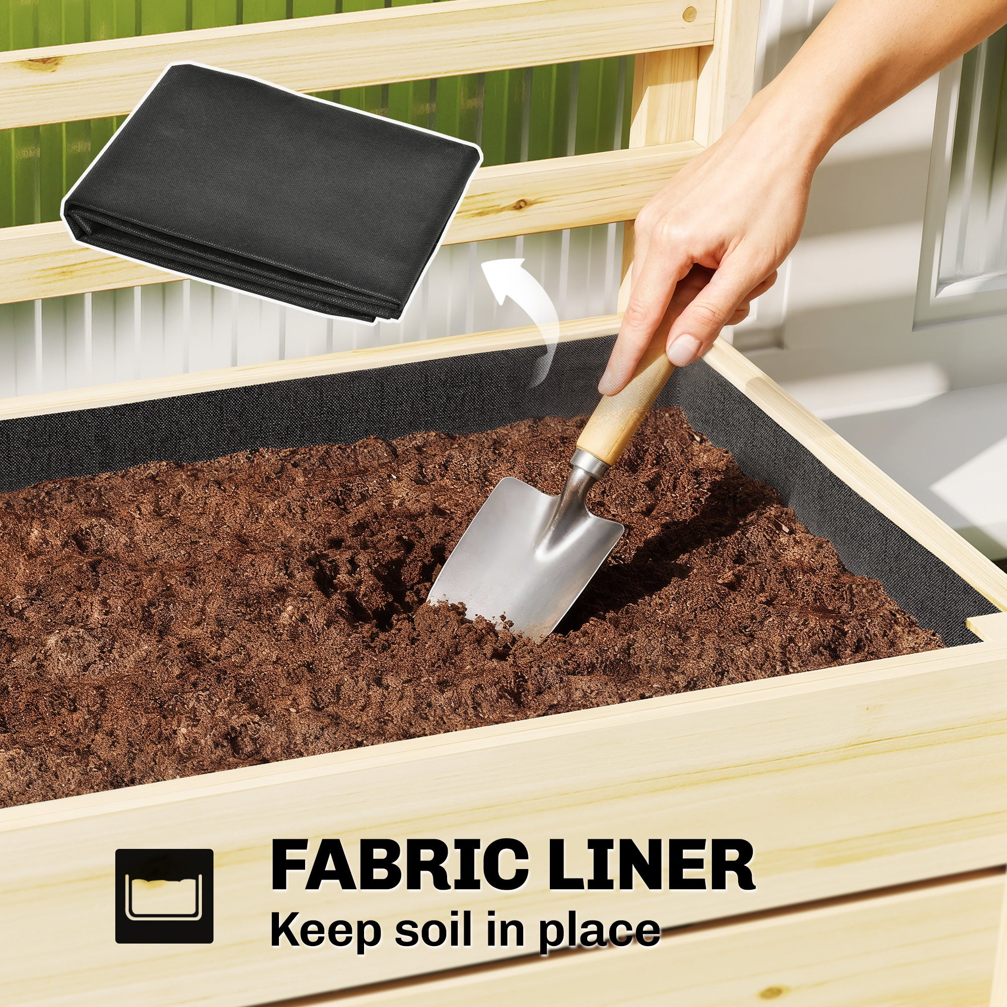 Wooden Raised Garden Bed with Trellis, Outdoor Elevated Planter Box with Drainage Hole and Bed Liner