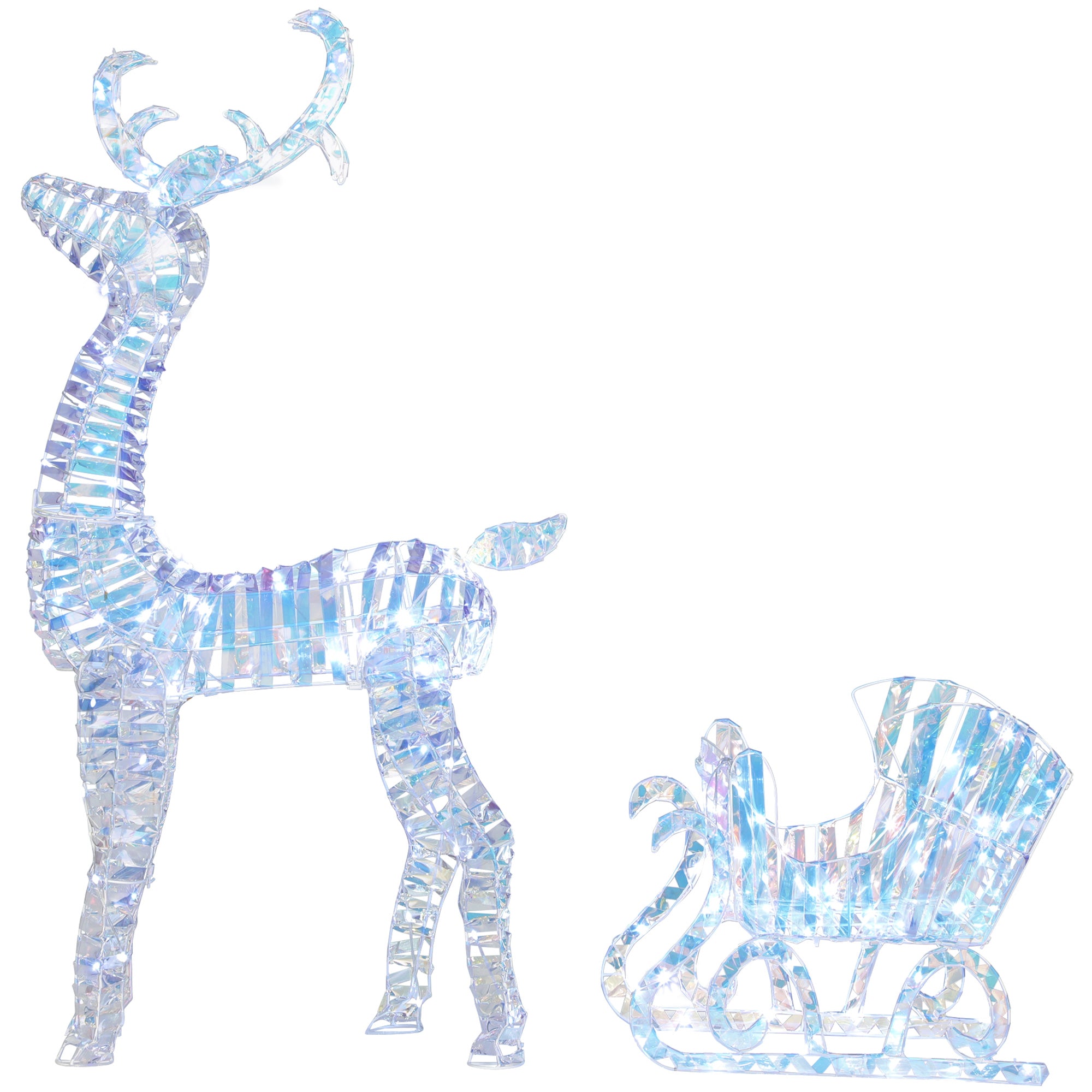 Lighted Christmas Reindeer with Sleigh, Outdoor Reindeer with 170 LED Lights and Stakes, Holiday Decor, Silver