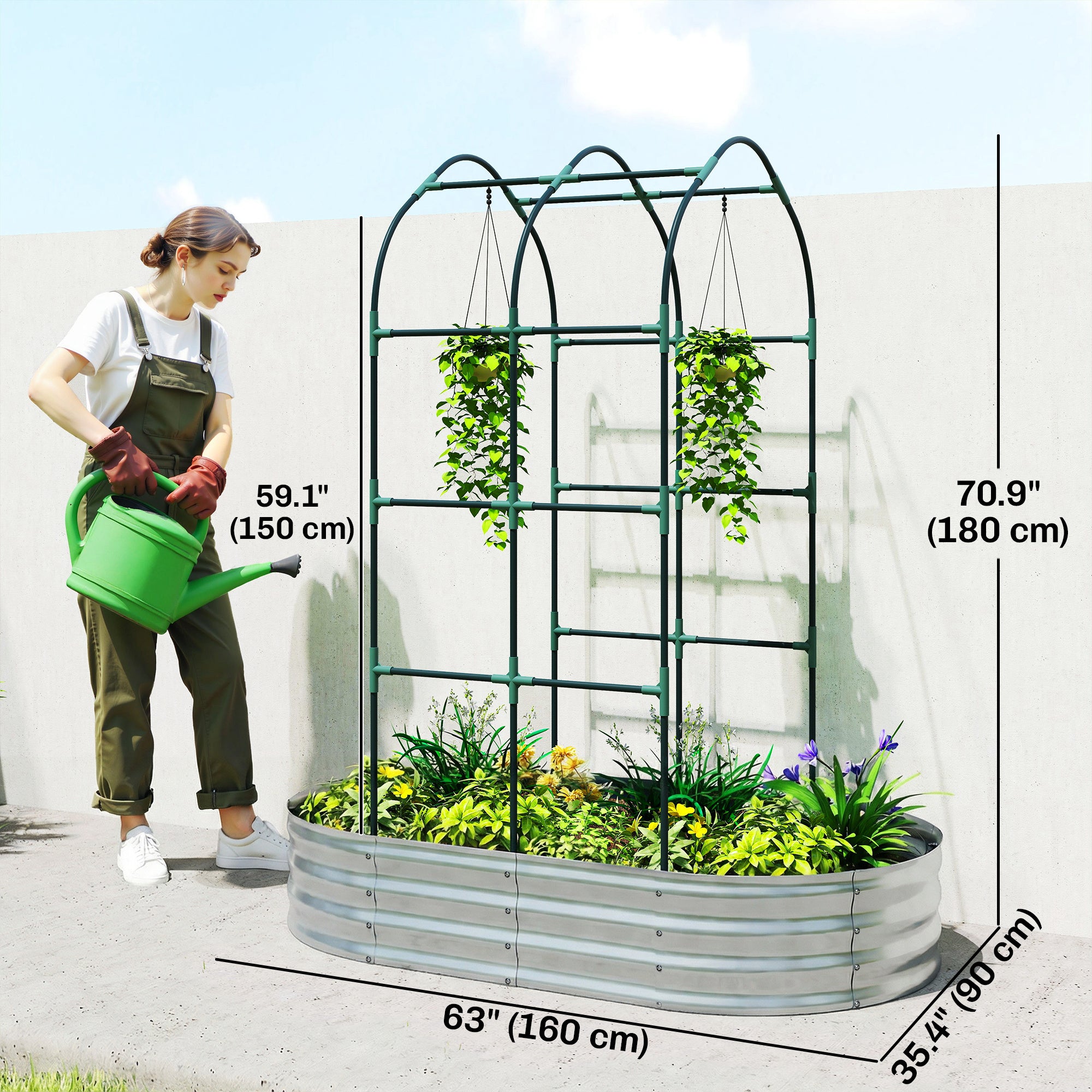 Galvanised Raised Garden Bed with Arched Trellis, 5 x 3 x 6ft Metal Outdoor Planter Box with Open Bottom, Silver