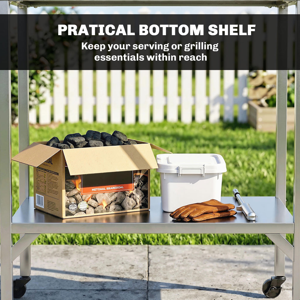 Outdoor Grill Cart with Stainless Steel Tabletop, Pizza Oven Stand with Shelf, Lockable Wheels, Rolling BBQ Table