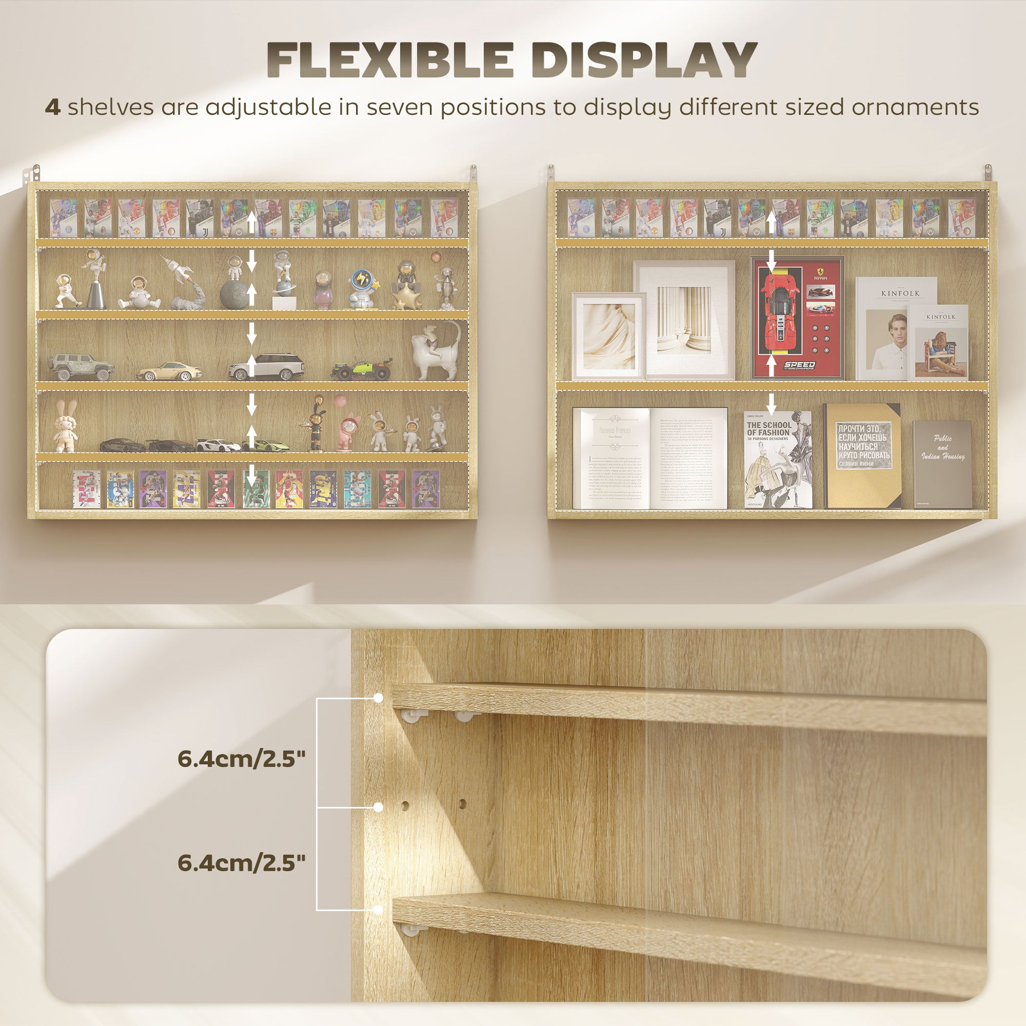 5-storey Display Cabinet, Shot Glass Display Case, Glass Curio Cabinet with 2 Glass Doors and 4 Adjustable Shelves, Oak