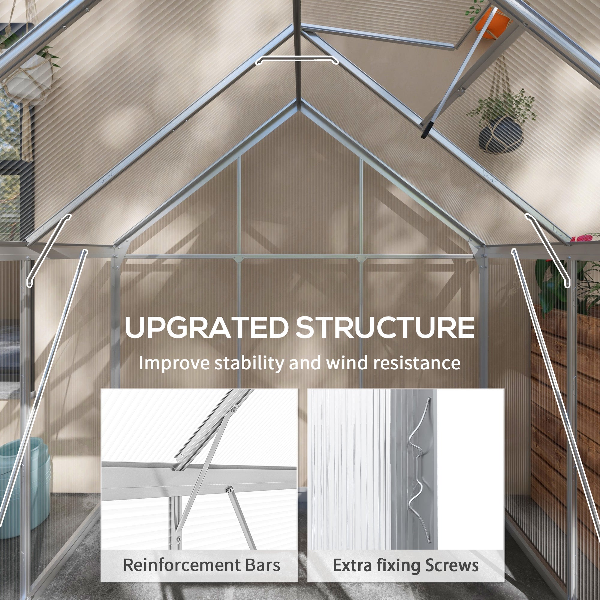 6' x 6' Walk-In Greenhouse, Polycarbonate Greenhouse with Sliding Door, Window, Aluminium Frame, Foundation, Silver