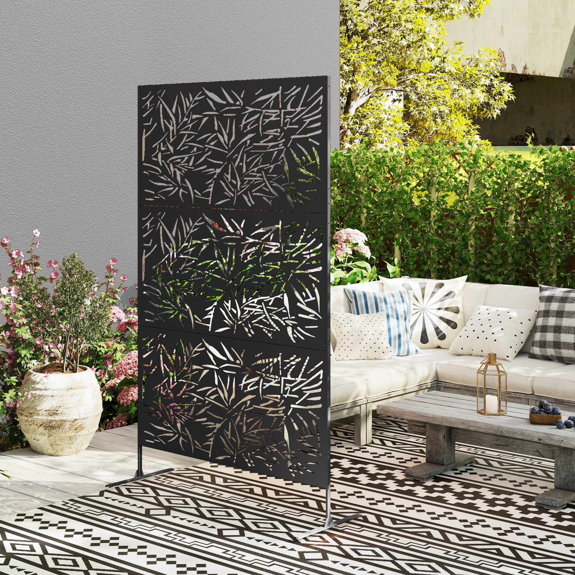 Metal Outdoor Privacy Screen, Freestanding Outdoor Divider with Stand, Decorative Privacy Panel, 78" x 48", Black
